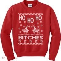 Ho Ho Ho Bitches X-Mas Ugly Christmas Kids Sweatshirt thumb 0