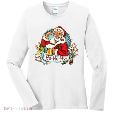 Ho-Ho-Ho Drinking Smoking Santa Claus Christmas Women's Long Sleeve Shirt