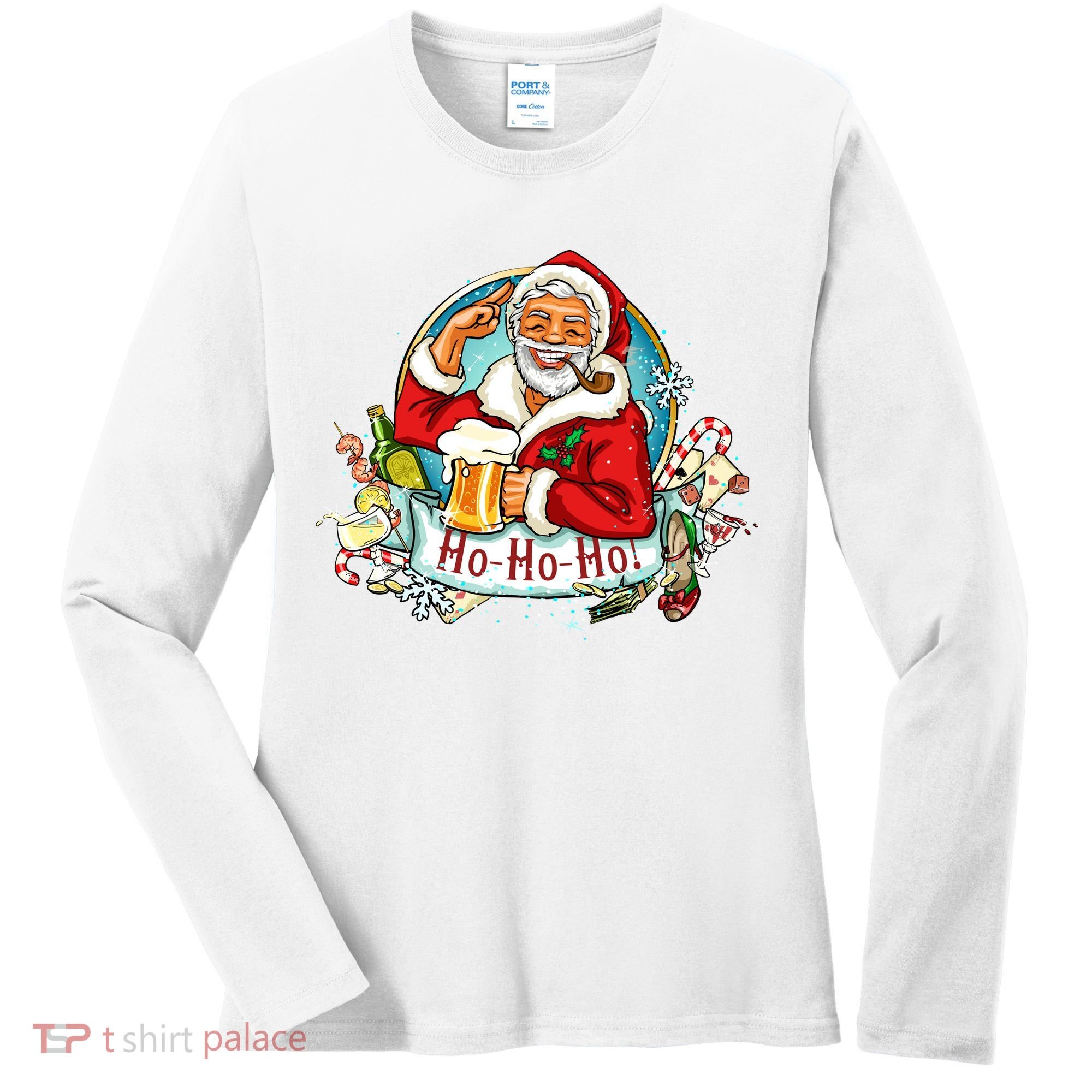Ho-Ho-Ho Drinking Smoking Santa Claus Christmas Women's Long Sleeve Shirt