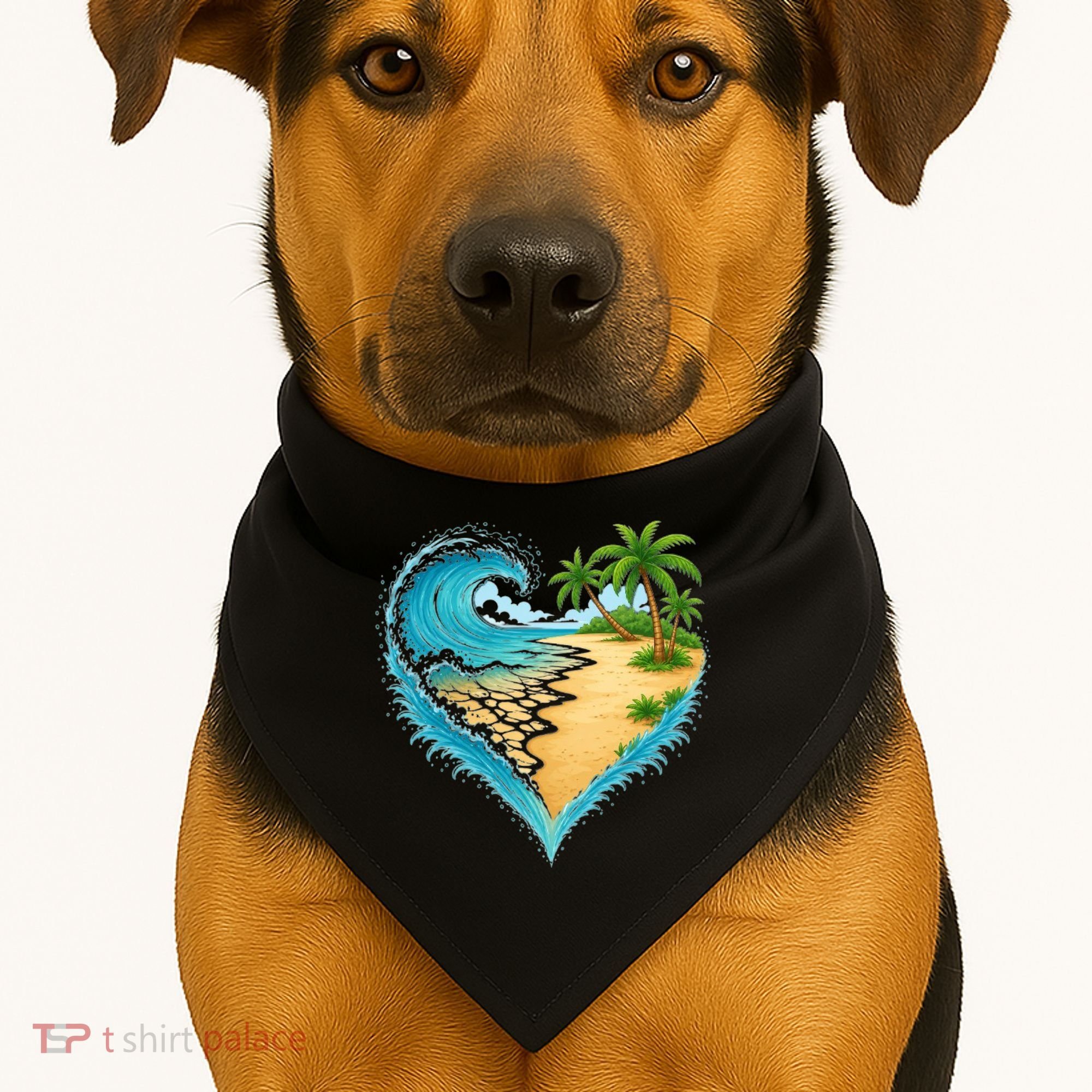 Heart-Shaped Ocean Beach Palm Tree Vacation USA-Made Doggie Bandana