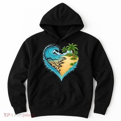 Heart-Shaped Ocean Beach Palm Tree Vacation Hoodie