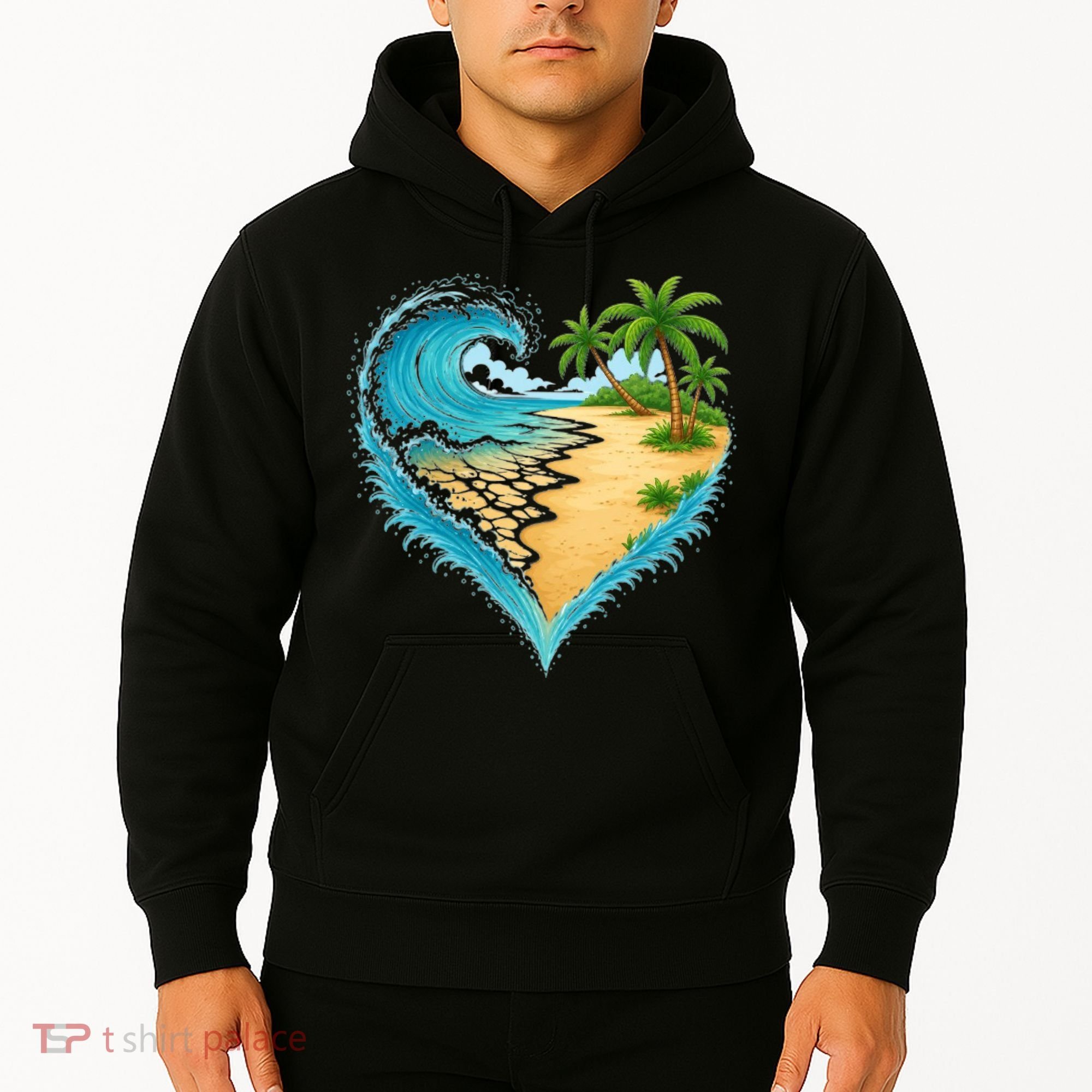 Heart-Shaped Ocean Beach Palm Tree Vacation Hoodie