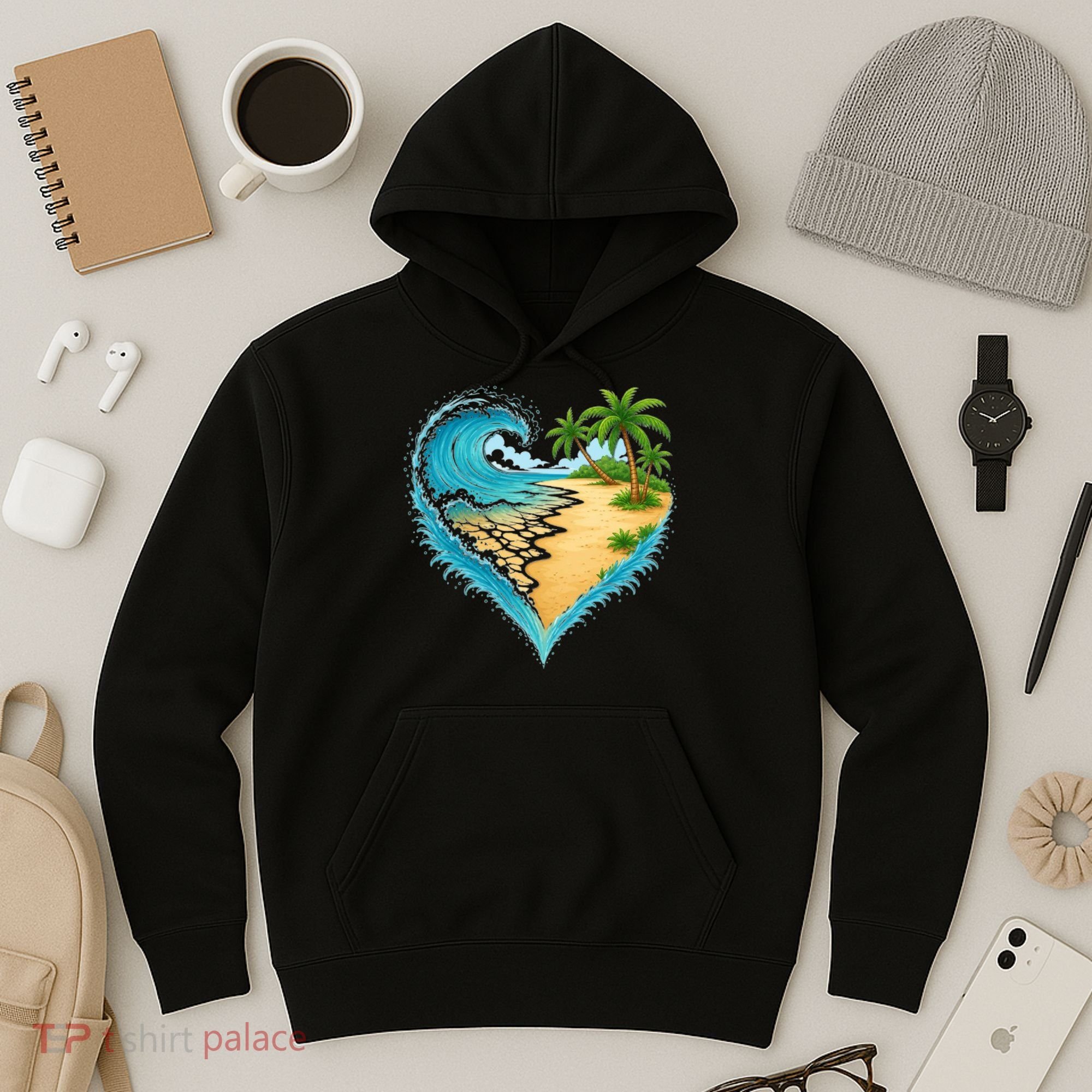 Heart-Shaped Ocean Beach Palm Tree Vacation Hoodie