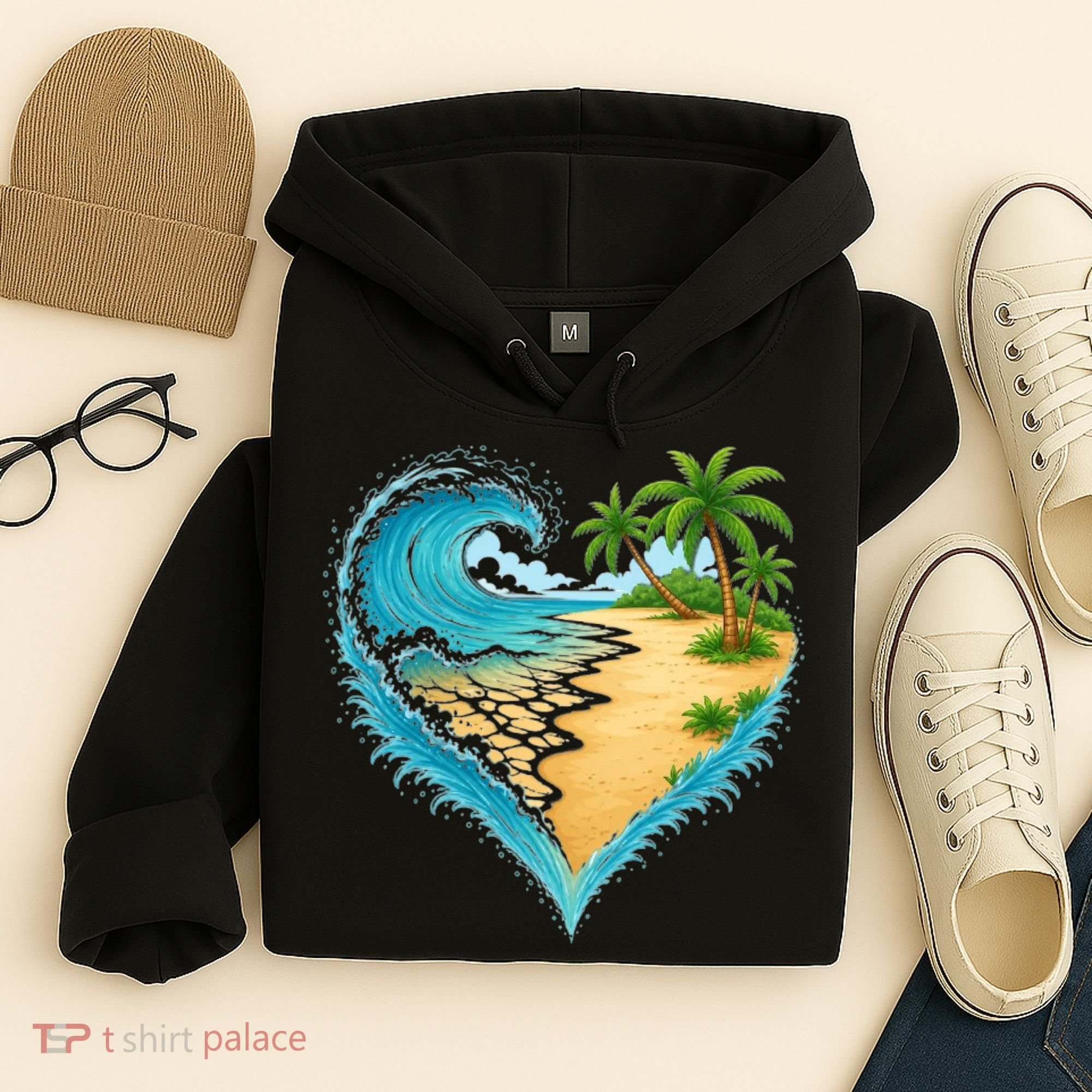 Heart-Shaped Ocean Beach Palm Tree Vacation Hoodie