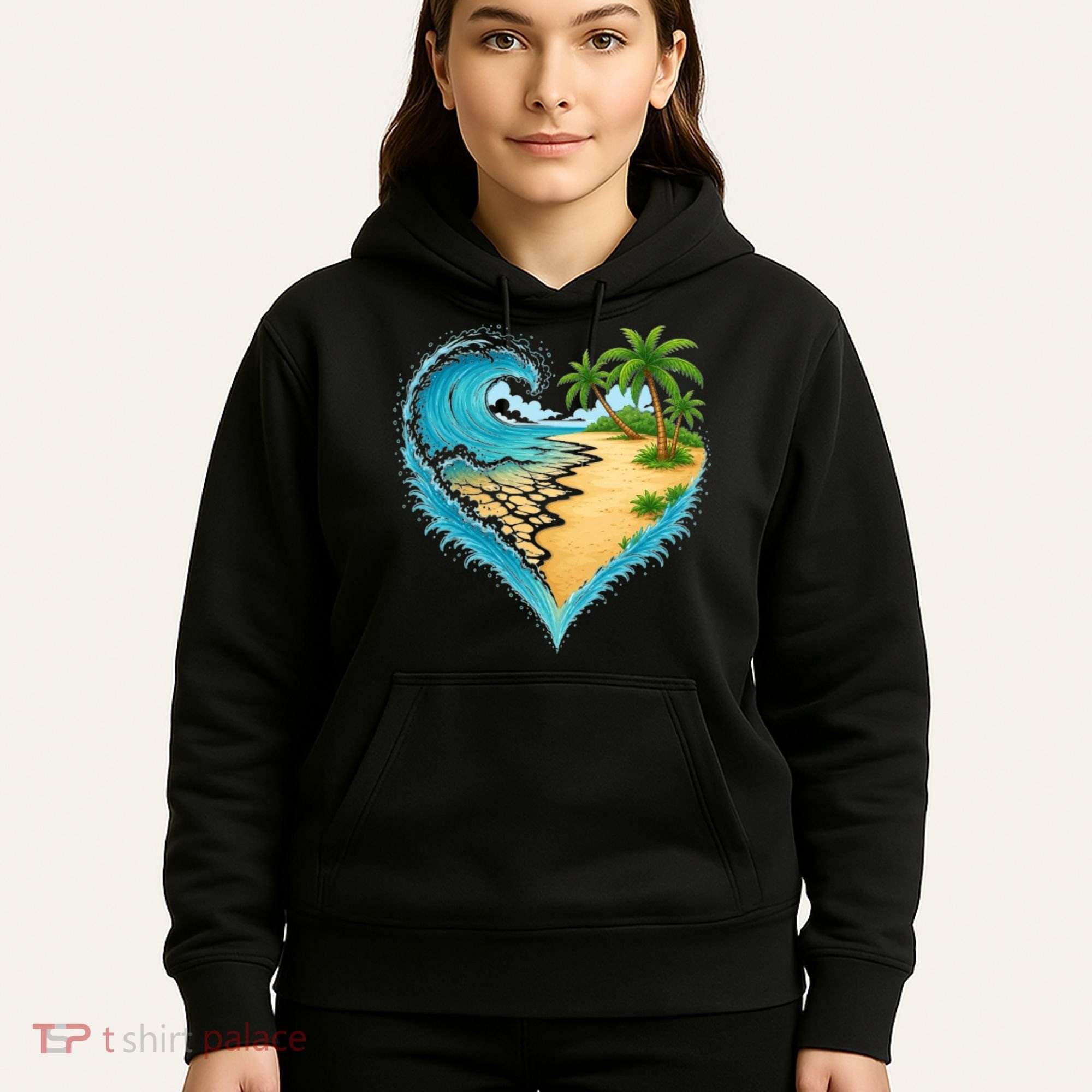 Heart-Shaped Ocean Beach Palm Tree Vacation Hoodie