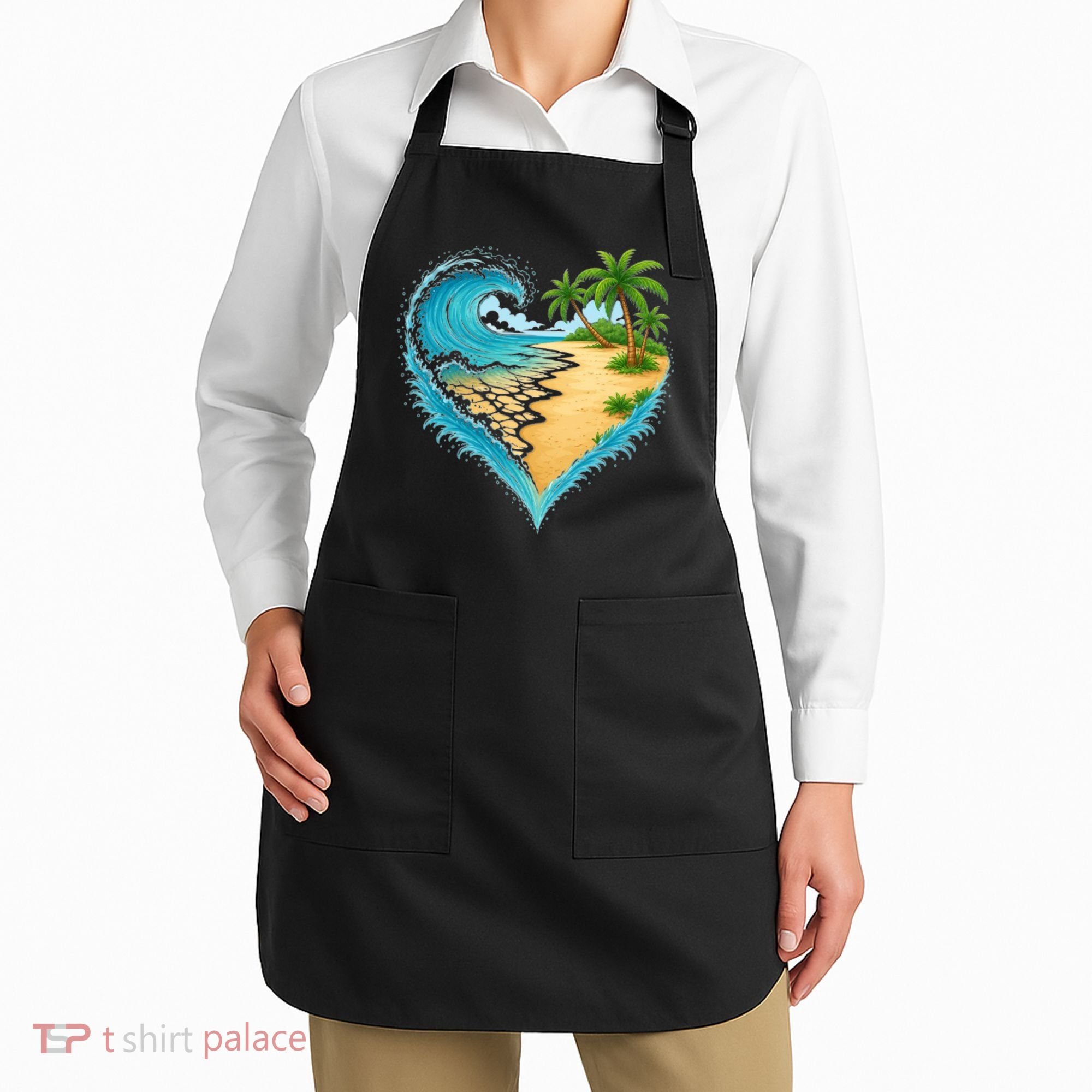 Heart-Shaped Ocean Beach Palm Tree Vacation Apron
