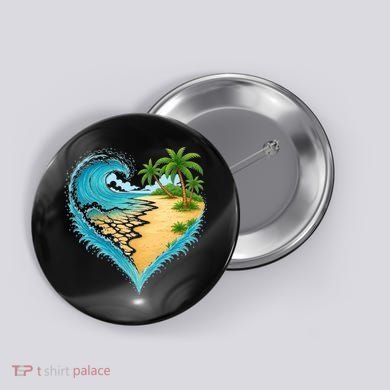Heart-Shaped Ocean Beach Palm Tree Vacation Button