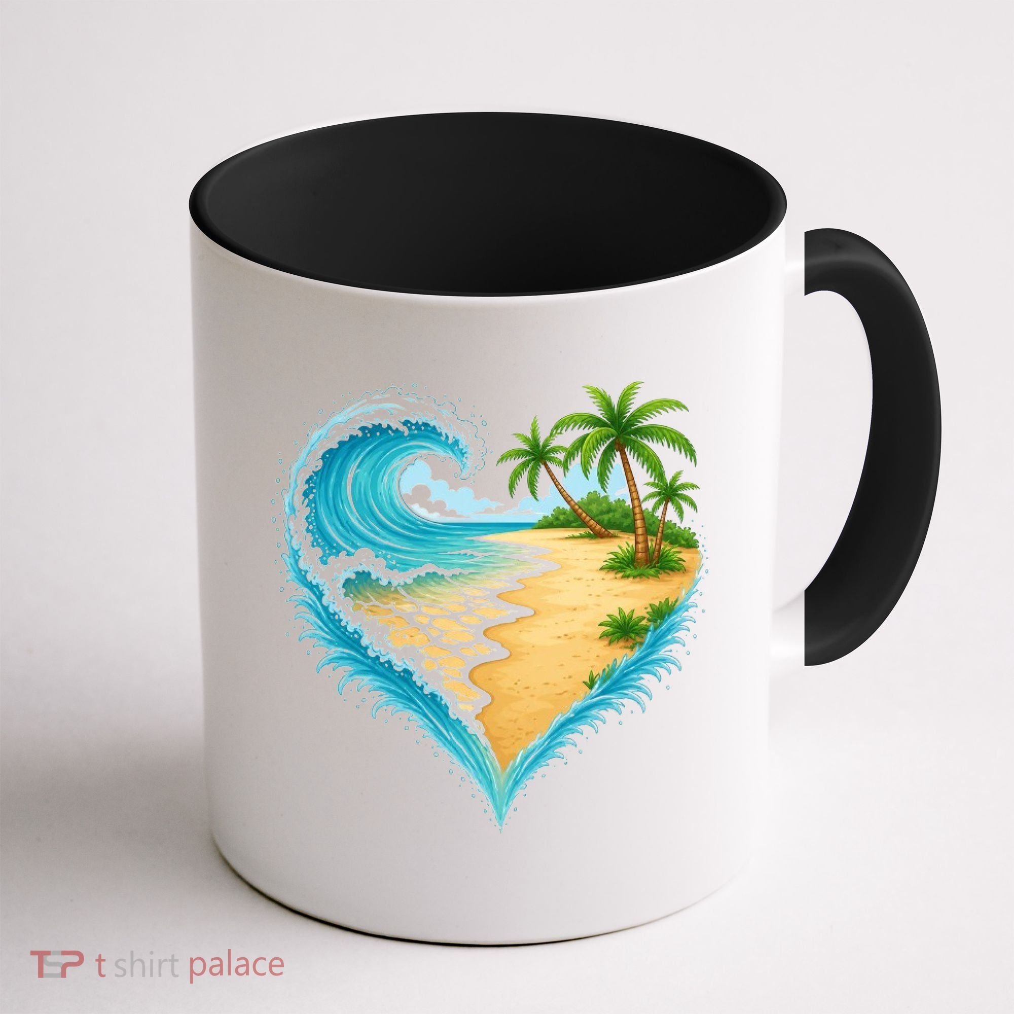 Heart-Shaped Ocean Beach Palm Tree Vacation Coffee Mug