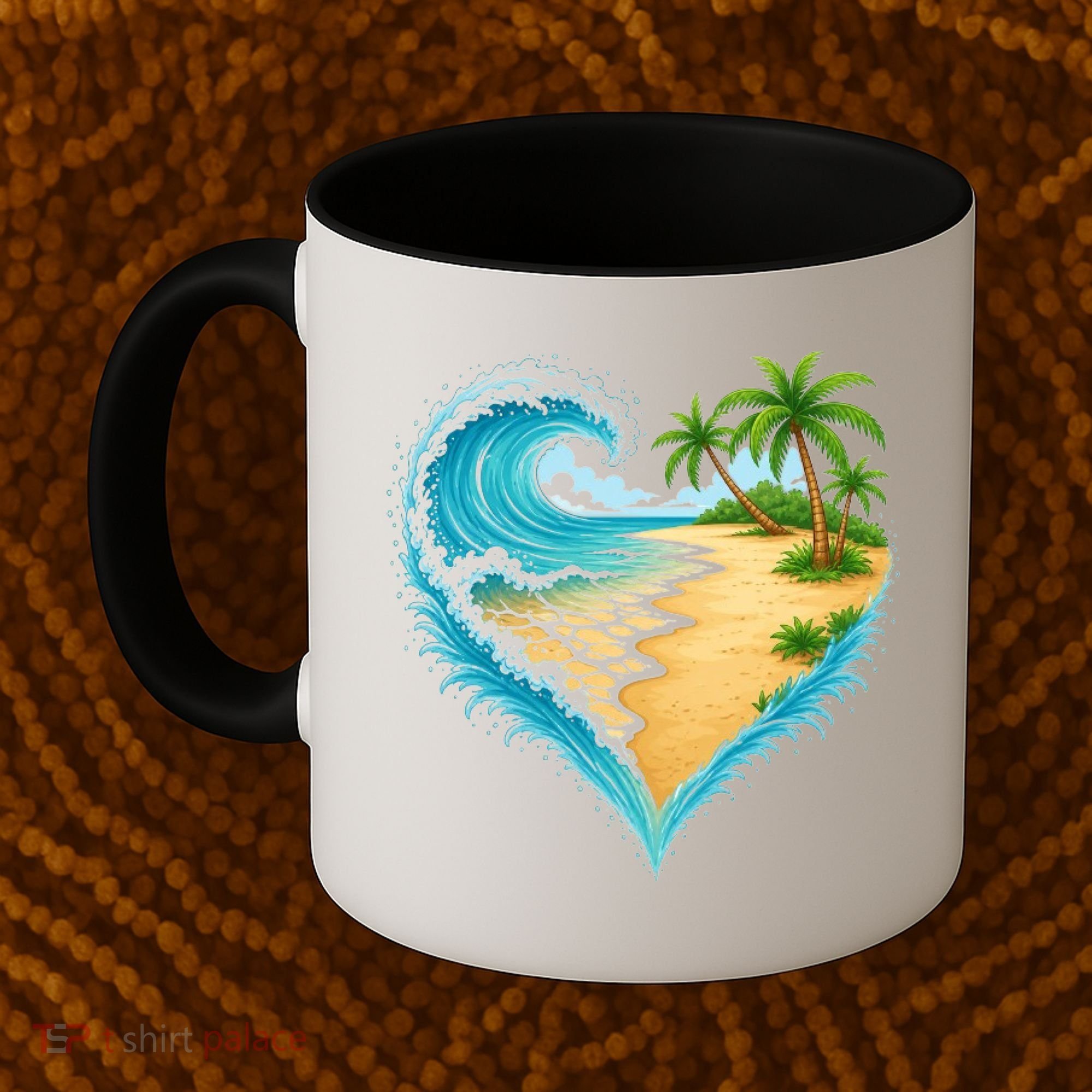 Heart-Shaped Ocean Beach Palm Tree Vacation Coffee Mug