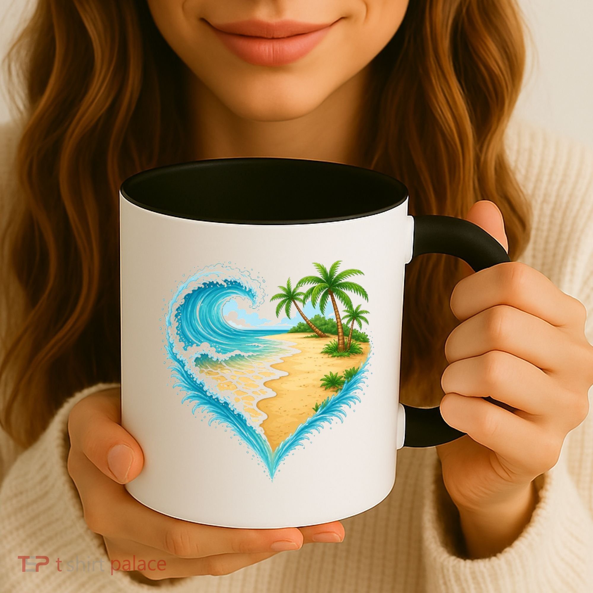 Heart-Shaped Ocean Beach Palm Tree Vacation Coffee Mug