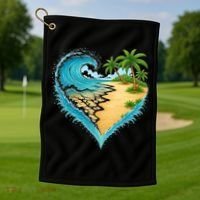 Heart-Shaped Ocean Beach Palm Tree Vacation Golf Towel thumb 1