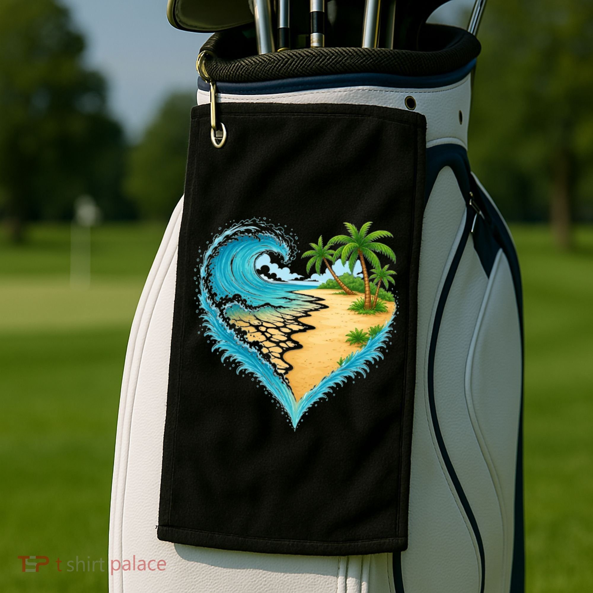 Heart-Shaped Ocean Beach Palm Tree Vacation Golf Towel