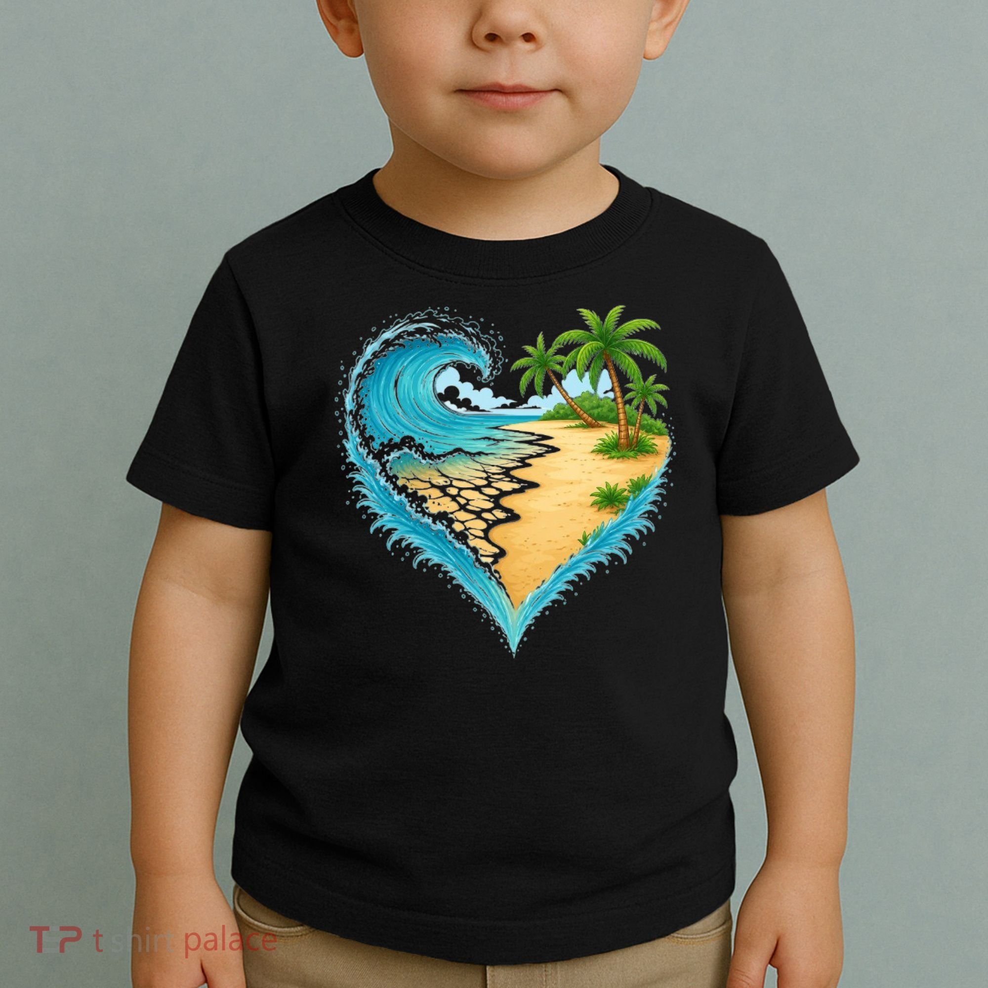 Heart-Shaped Ocean Beach Palm Tree Vacation Toddler T-Shirt