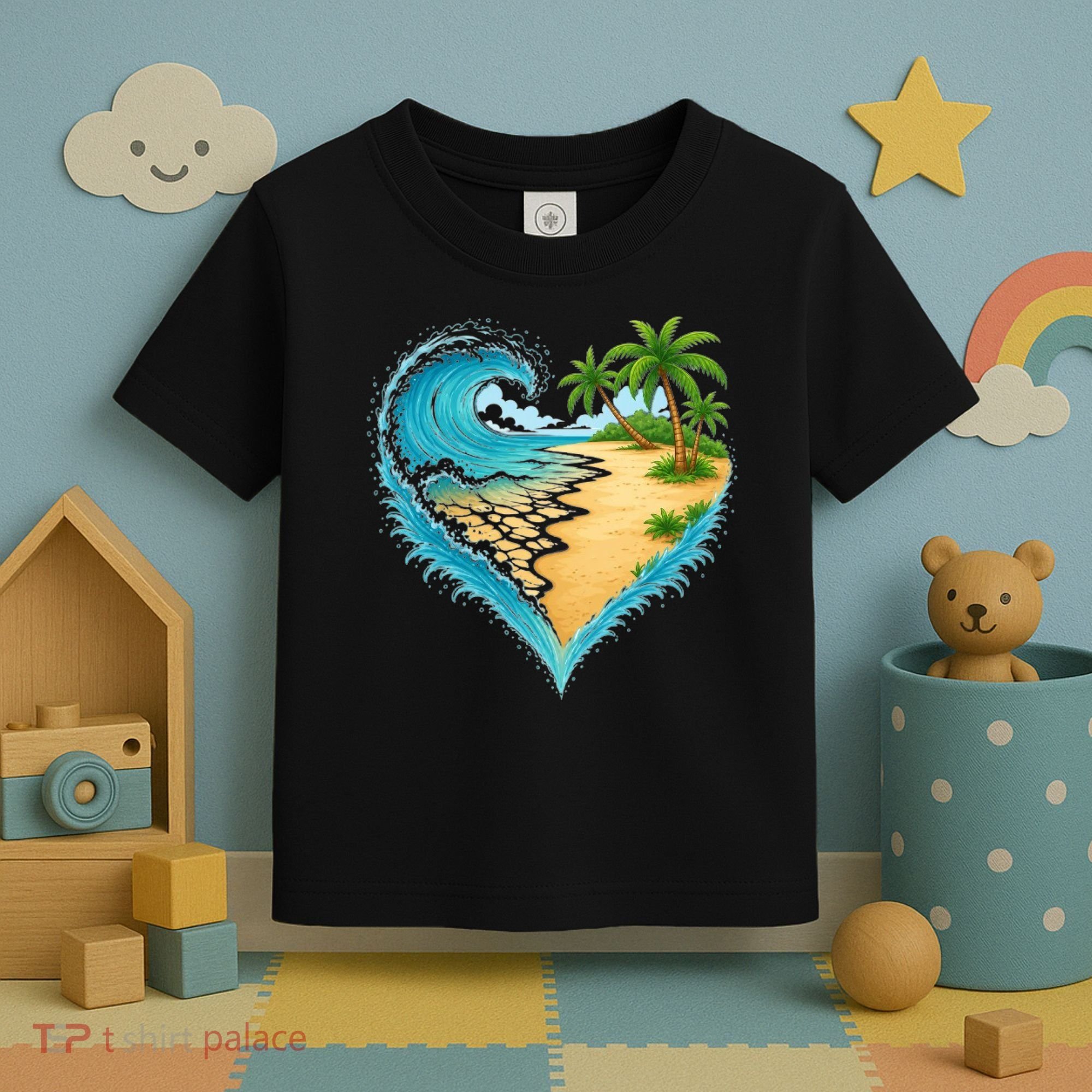 Heart-Shaped Ocean Beach Palm Tree Vacation Toddler T-Shirt