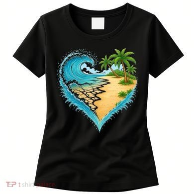 Heart-Shaped Ocean Beach Palm Tree Vacation Women's T-Shirt