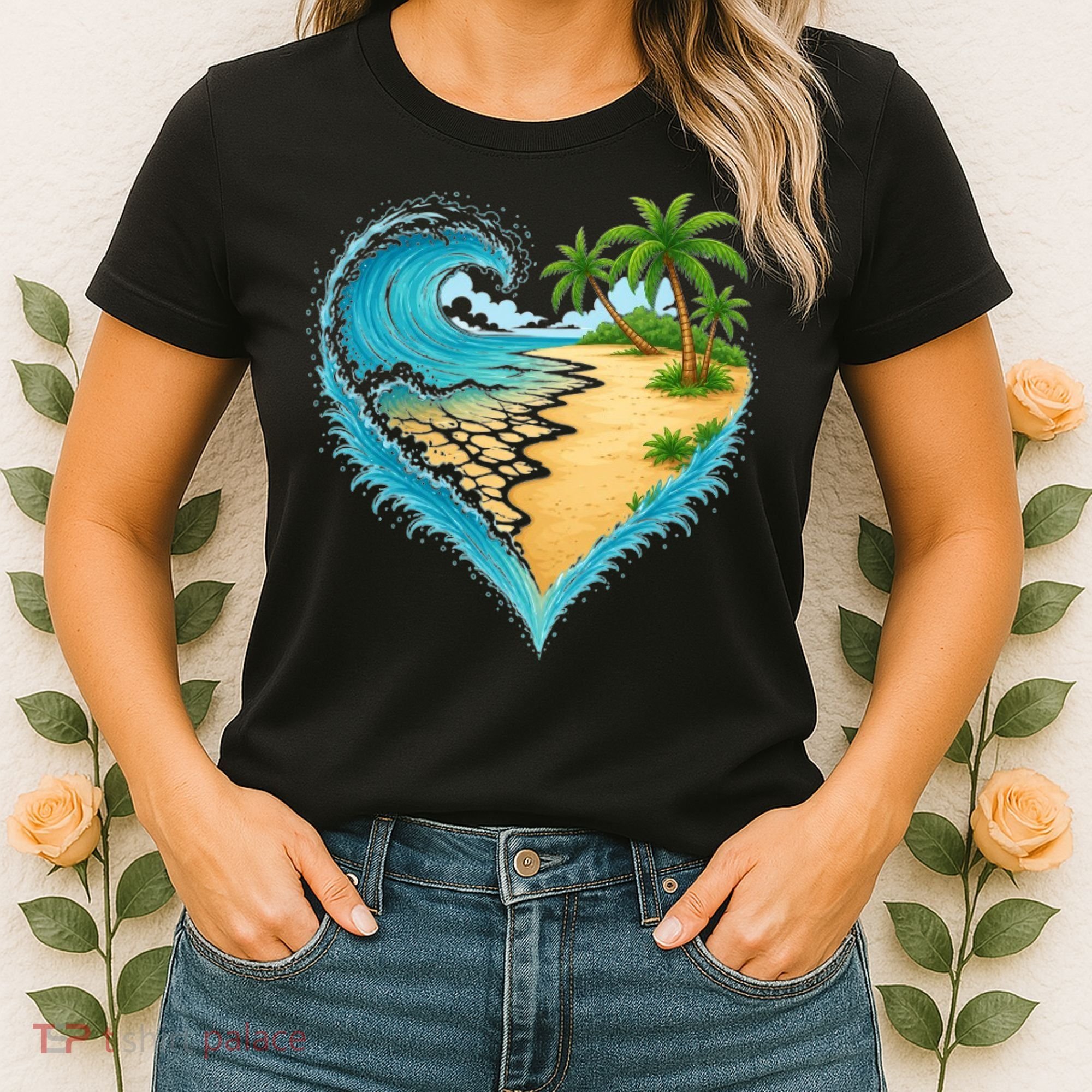 Heart-Shaped Ocean Beach Palm Tree Vacation Women's T-Shirt