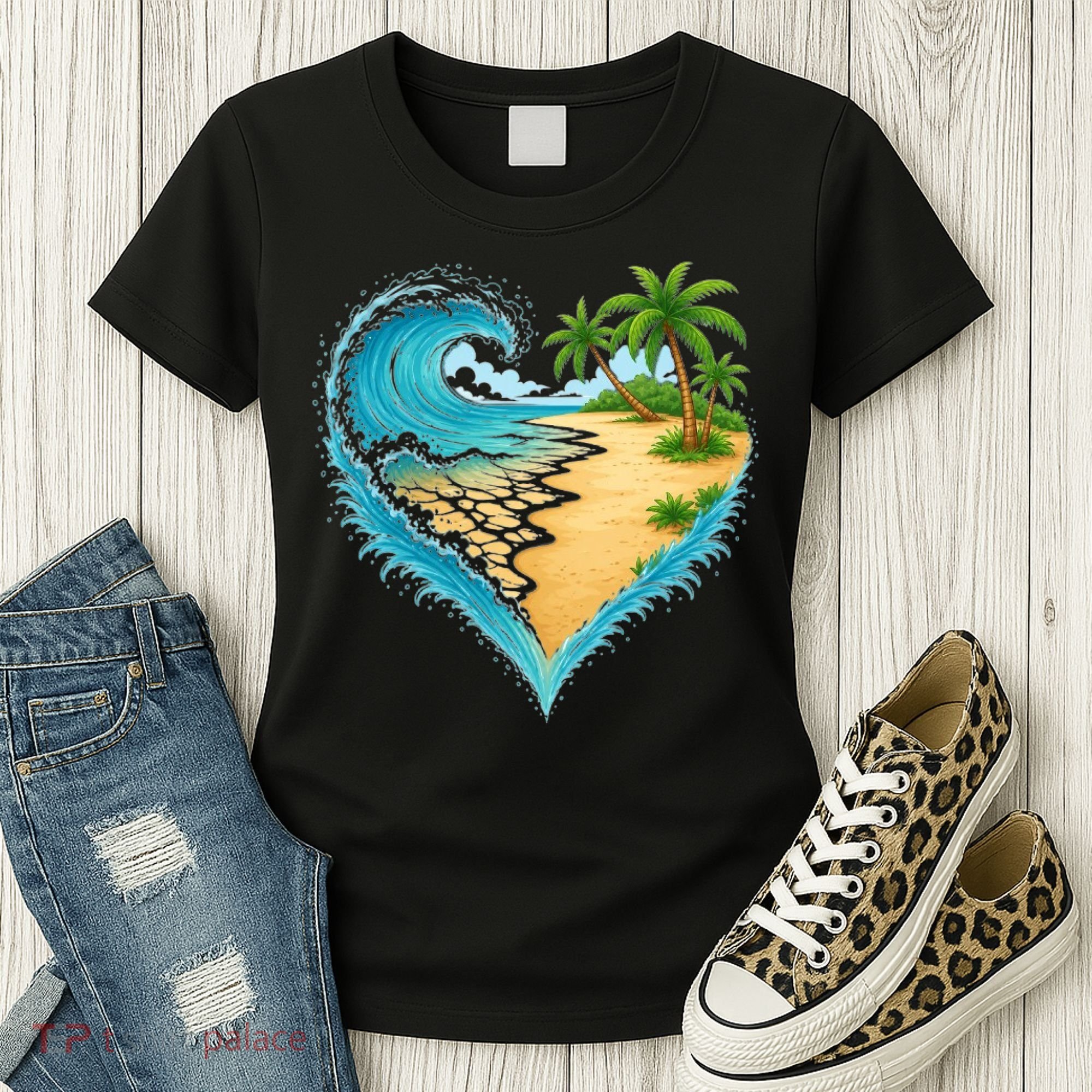 Heart-Shaped Ocean Beach Palm Tree Vacation Women's T-Shirt