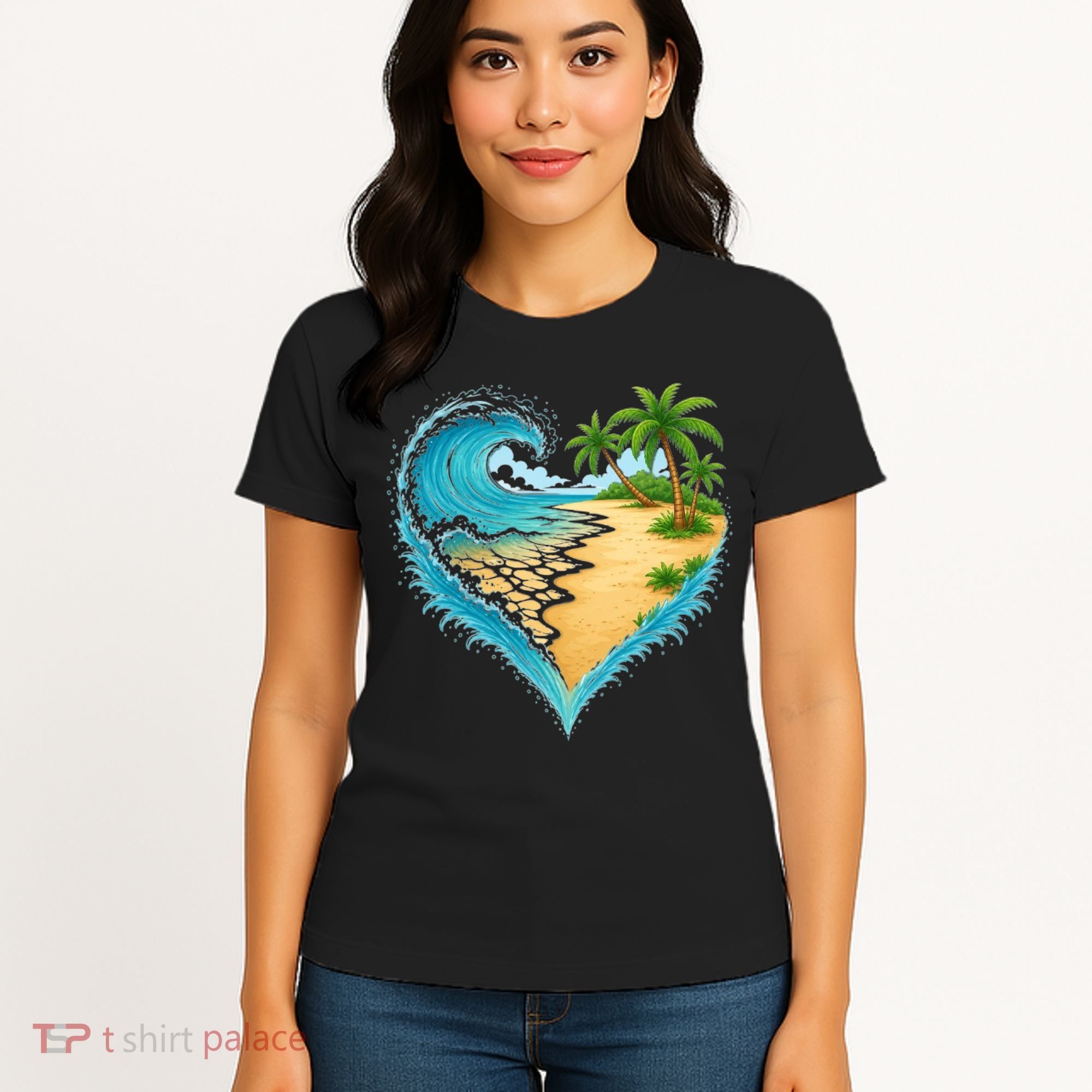 Heart-Shaped Ocean Beach Palm Tree Vacation Women's T-Shirt