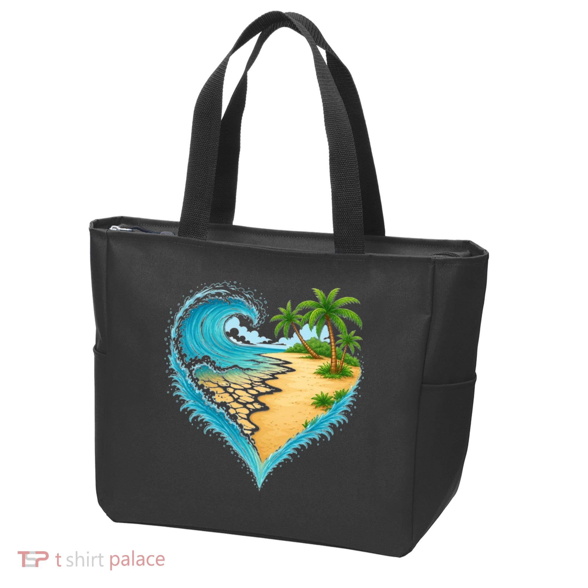 Heart-Shaped Ocean Beach Palm Tree Vacation Tote Bag