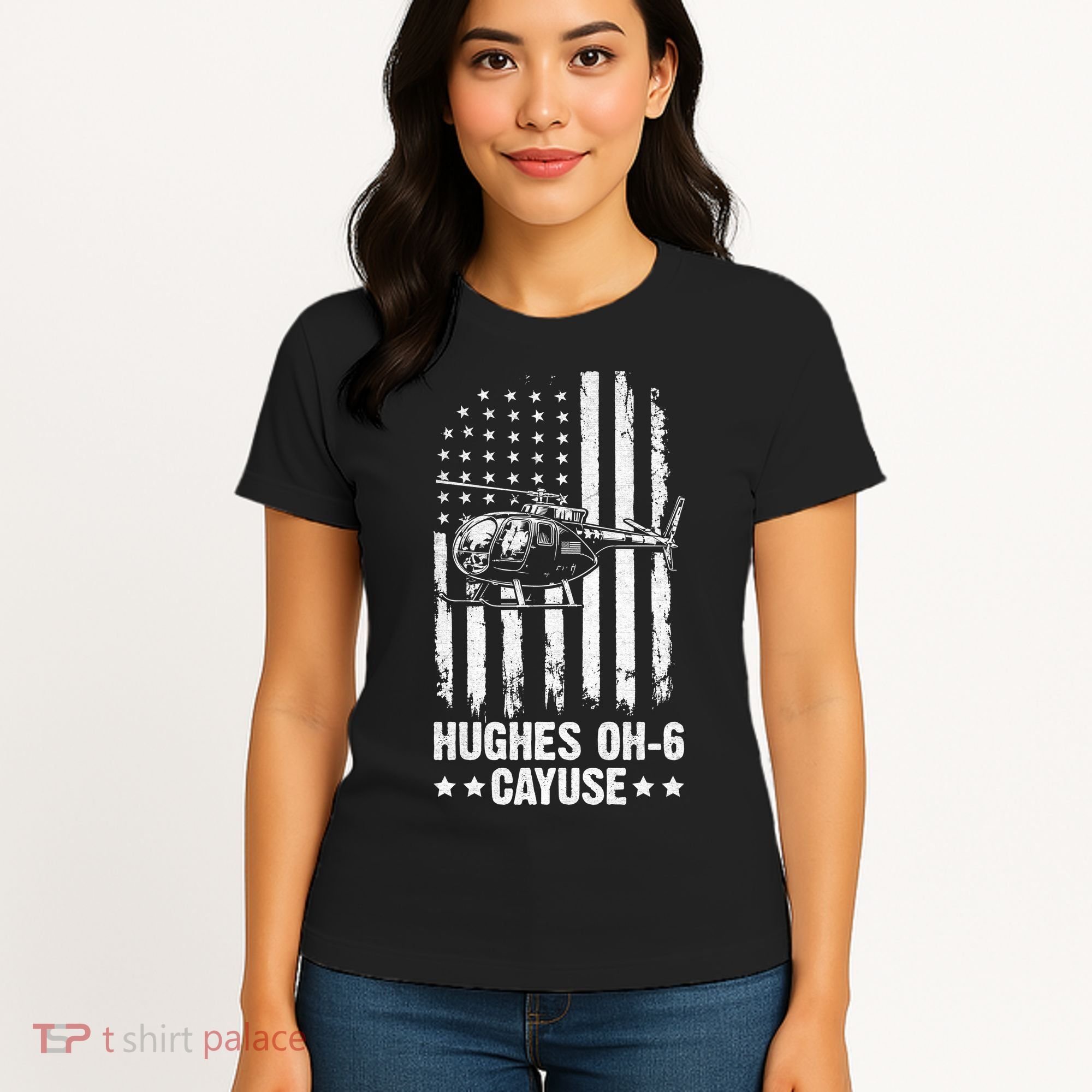 Hughes OH-6 Cayuse American Flag Helicopter Women's T-Shirt