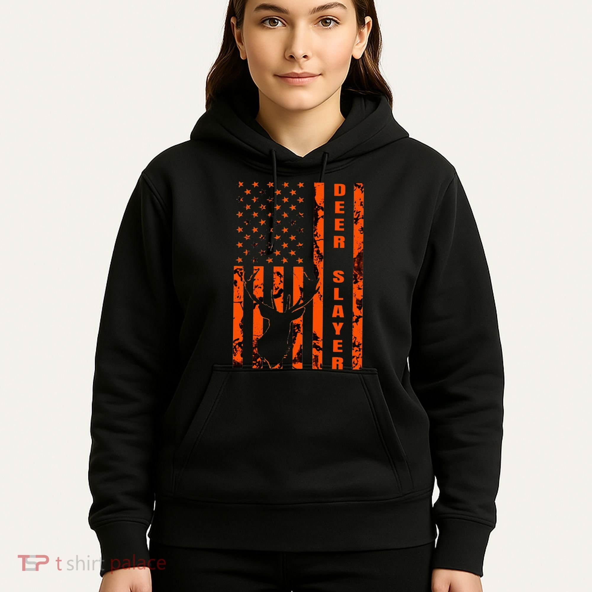 Hunter Orange Camo American Flag Deer Slayer Hoodie