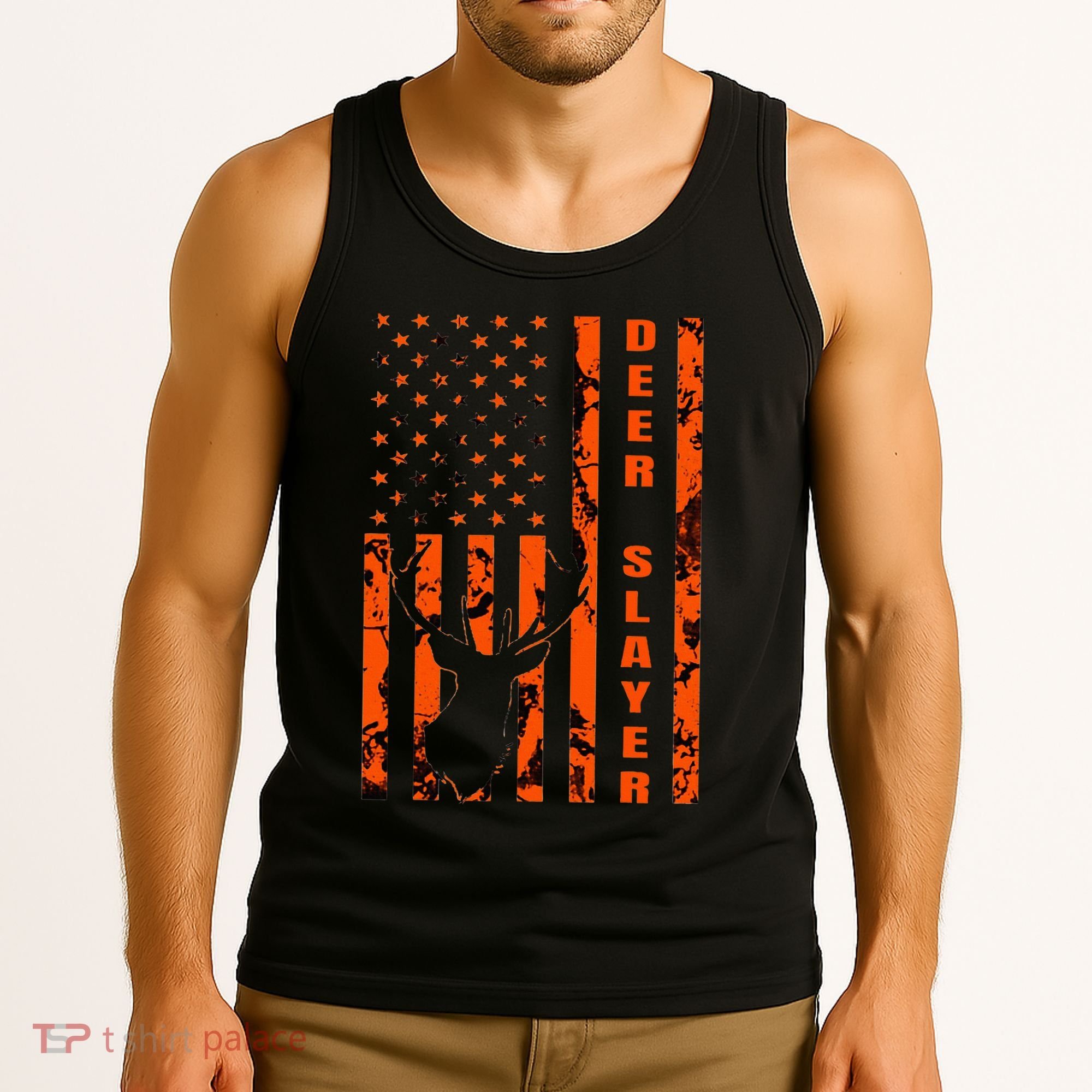 Hunter Orange Camo American Flag Deer Slayer Tank Top