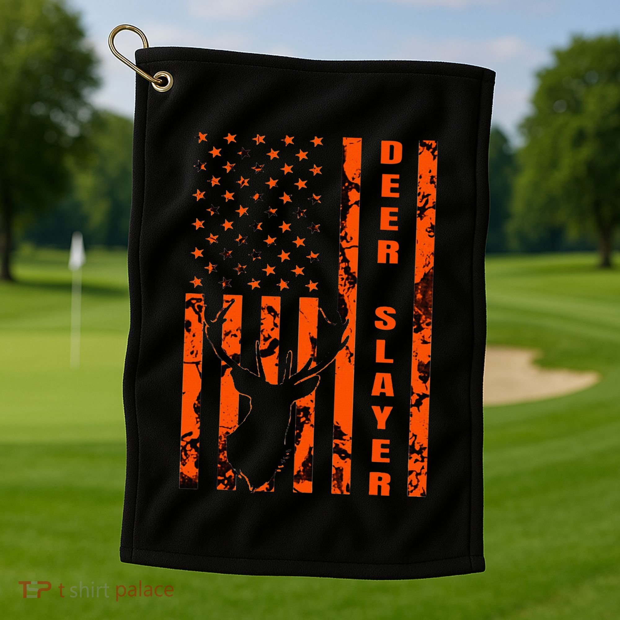 Hunter Orange Camo American Flag Deer Slayer Golf Towel