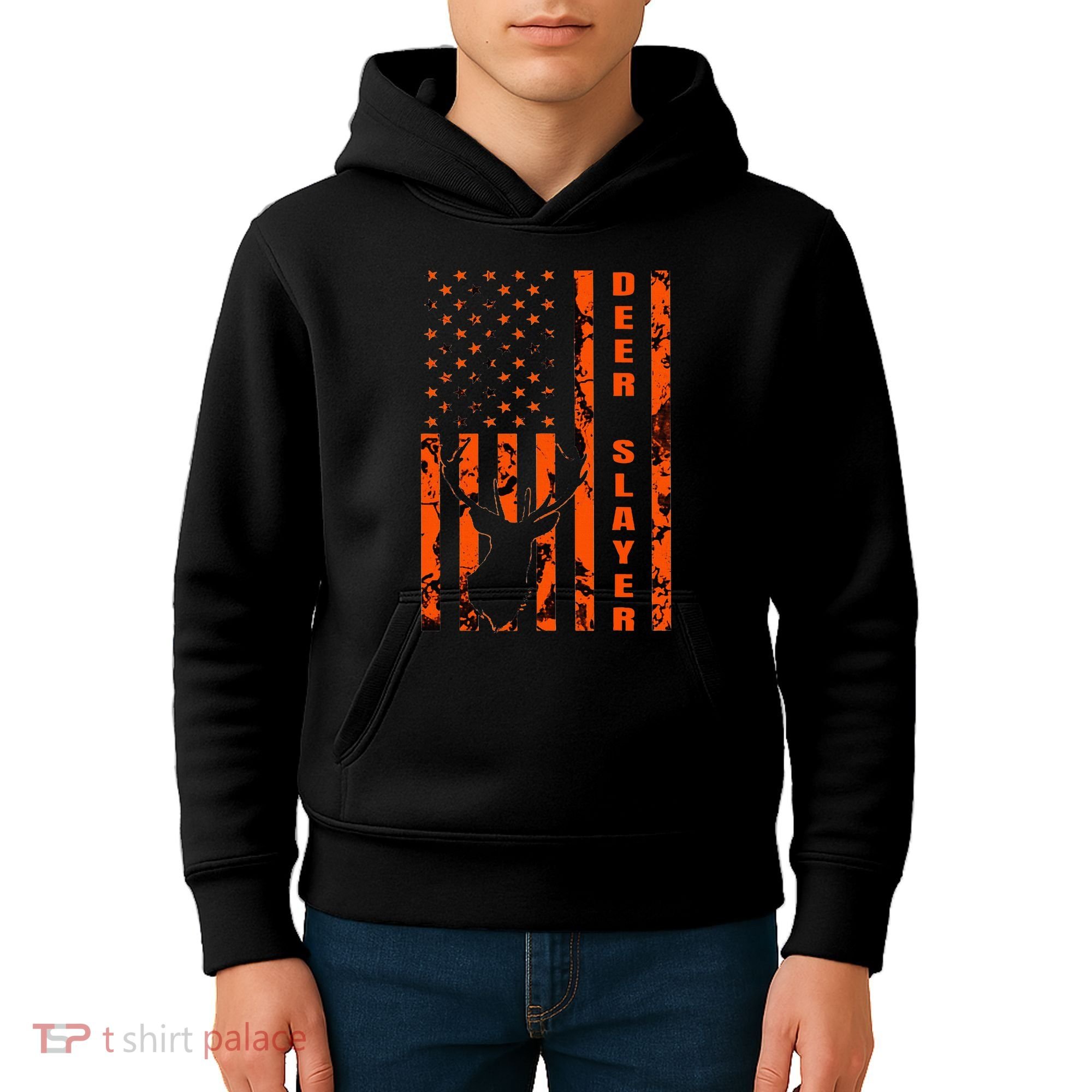 Hunter Orange Camo American Flag Deer Slayer Kids Hoodie