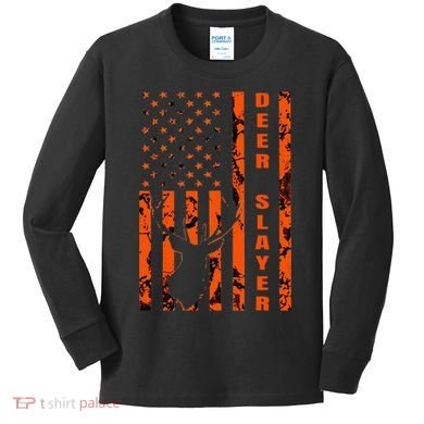 Hunter Orange Camo American Flag Deer Slayer Kids Long Sleeve Shirt