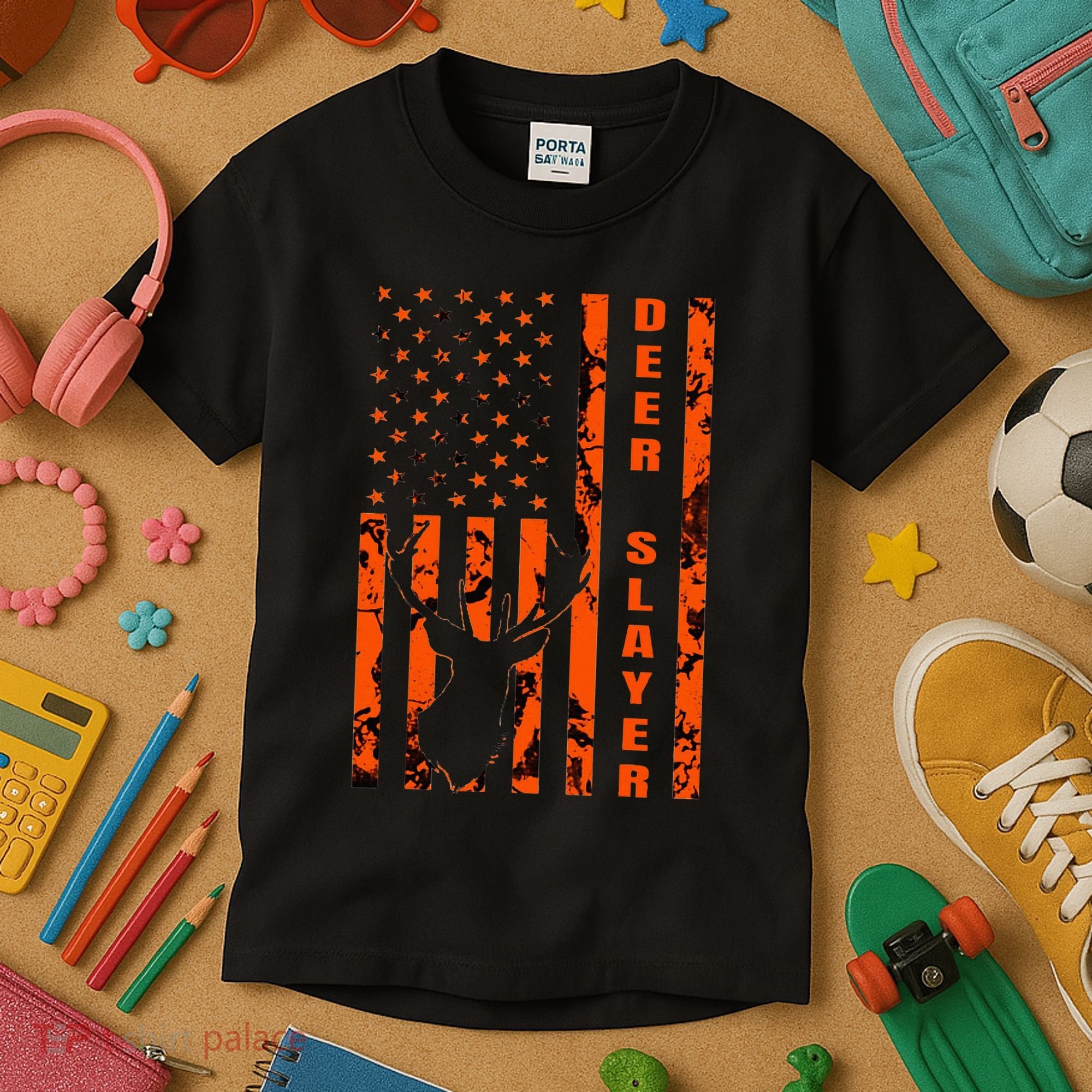 Hunter Orange Camo American Flag Deer Slayer Kids T-Shirt