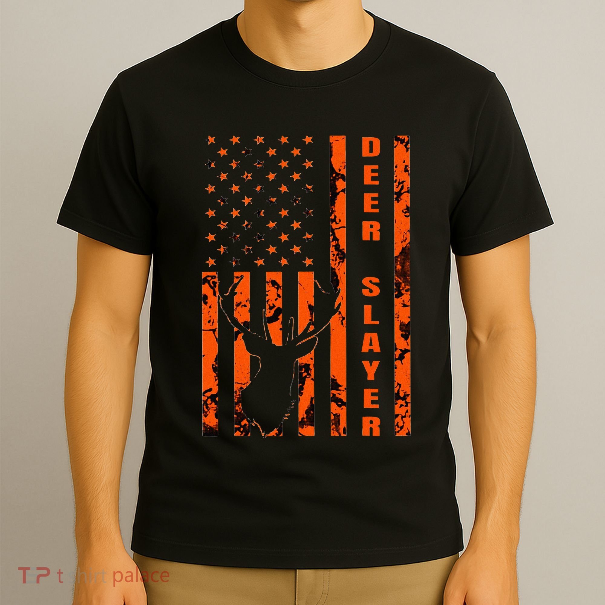 Hunter Orange Camo American Flag Deer Slayer Hunting Lover T-Shirt