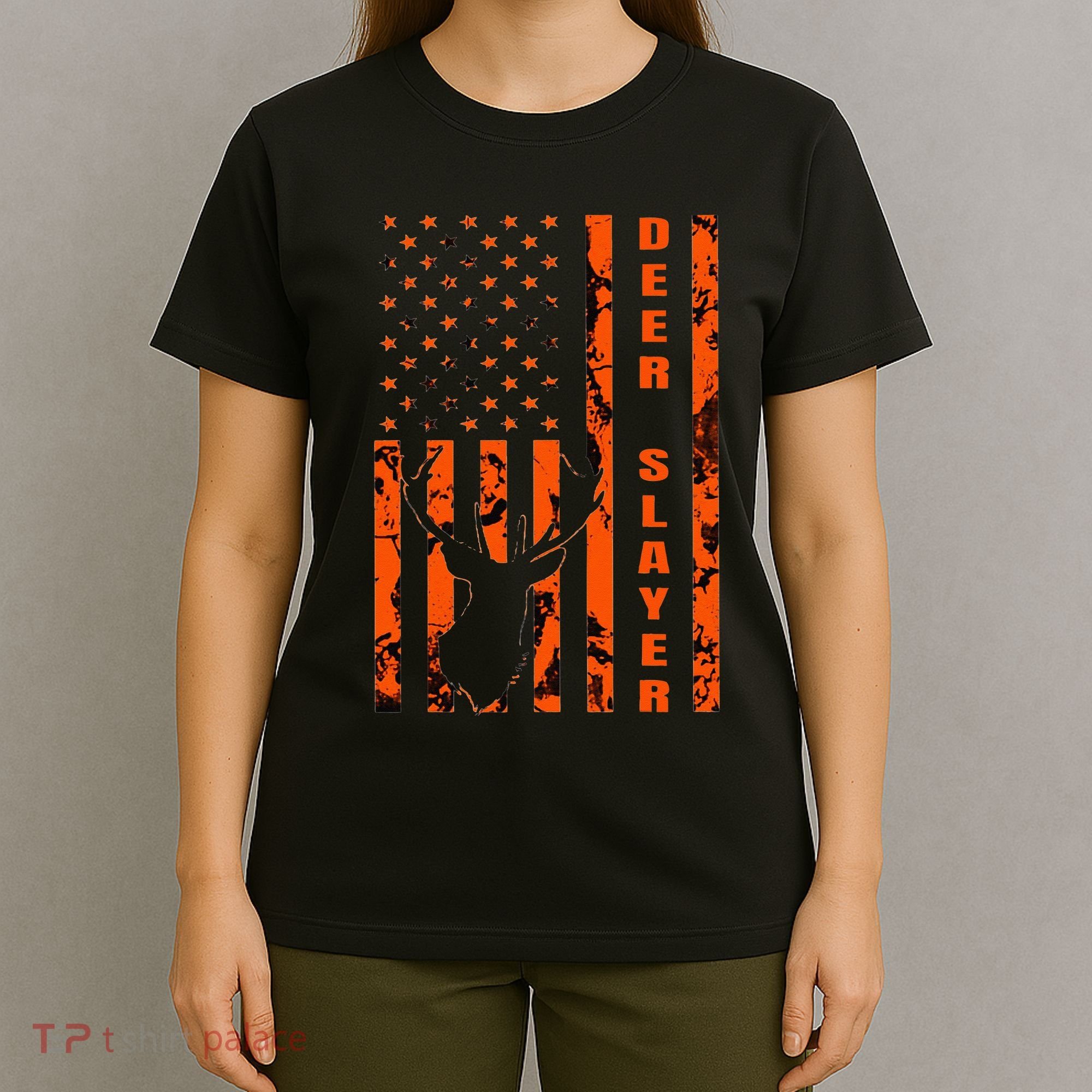 Hunter Orange Camo American Flag Deer Slayer Hunting Lover T-Shirt