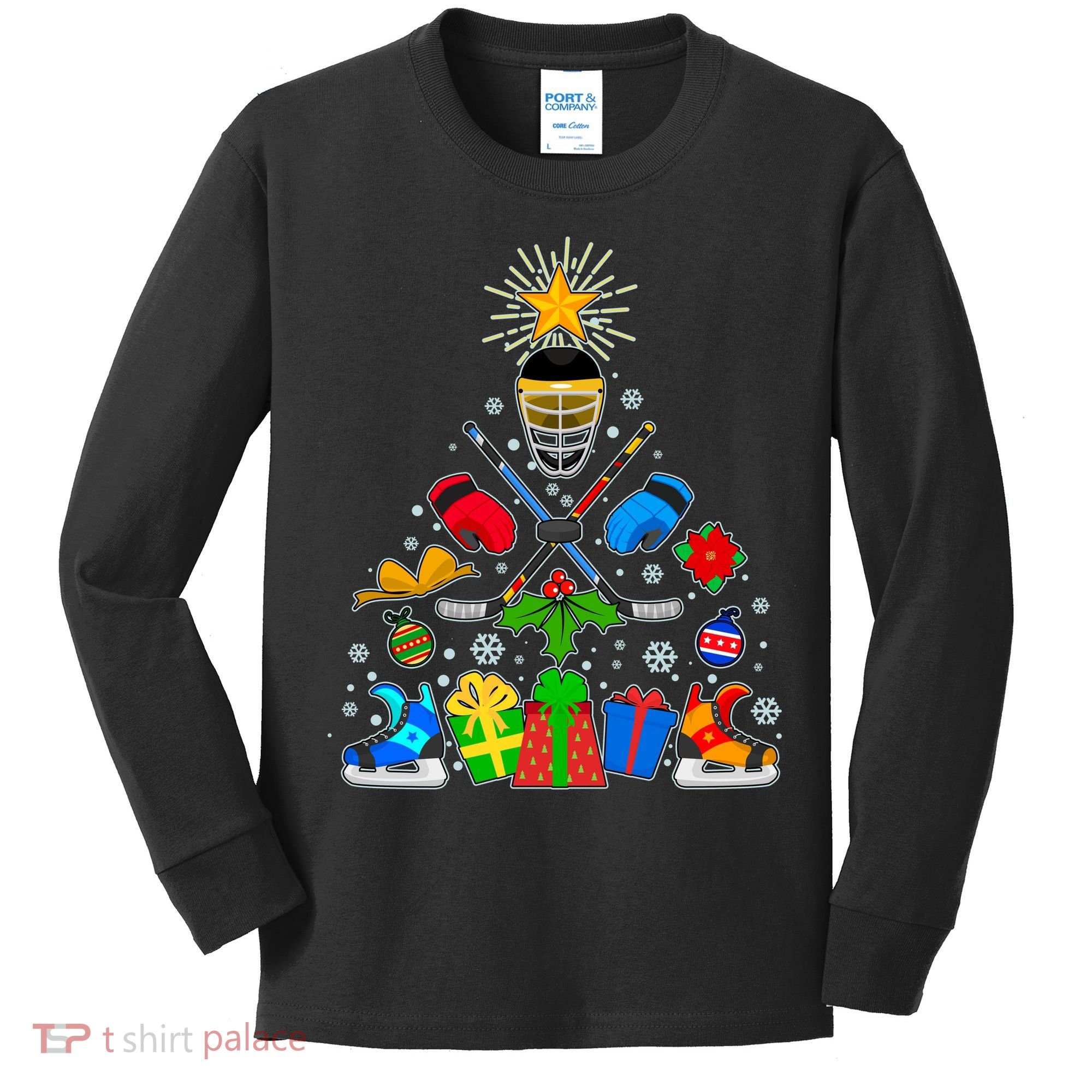 Hockey Christmas Tree Kids Long Sleeve Shirt