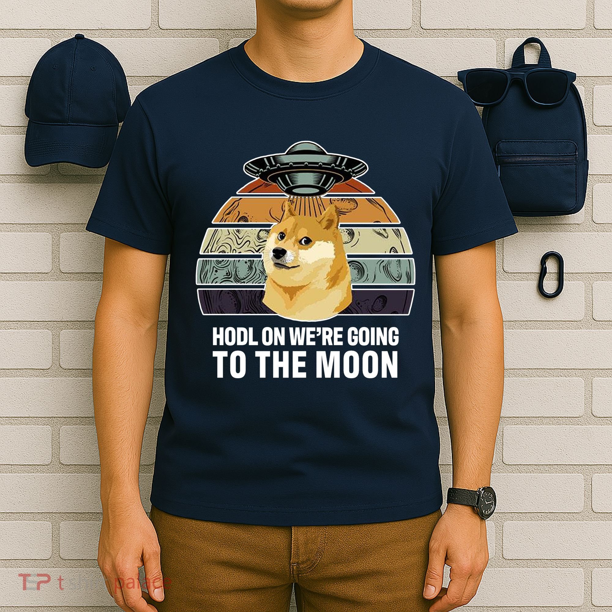 Hodl On We're Going To The Moon Retro Dogecoin T-Shirt
