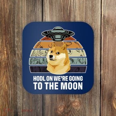 Hodl On We're Going To The Moon Retro Dogecoin Coaster