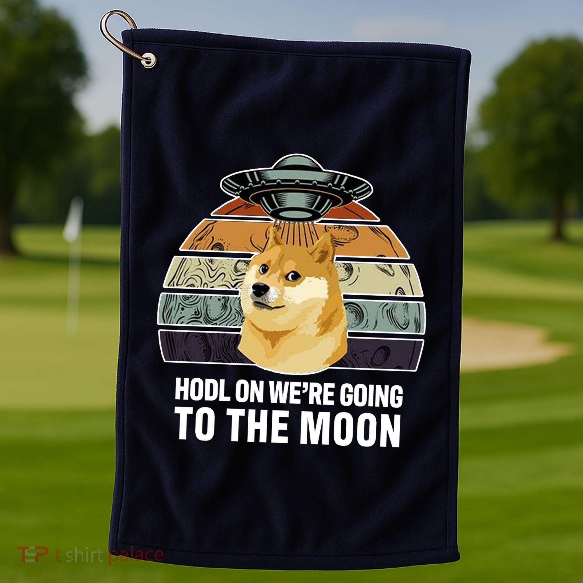 Hodl On We're Going To The Moon Retro Dogecoin Golf Towel