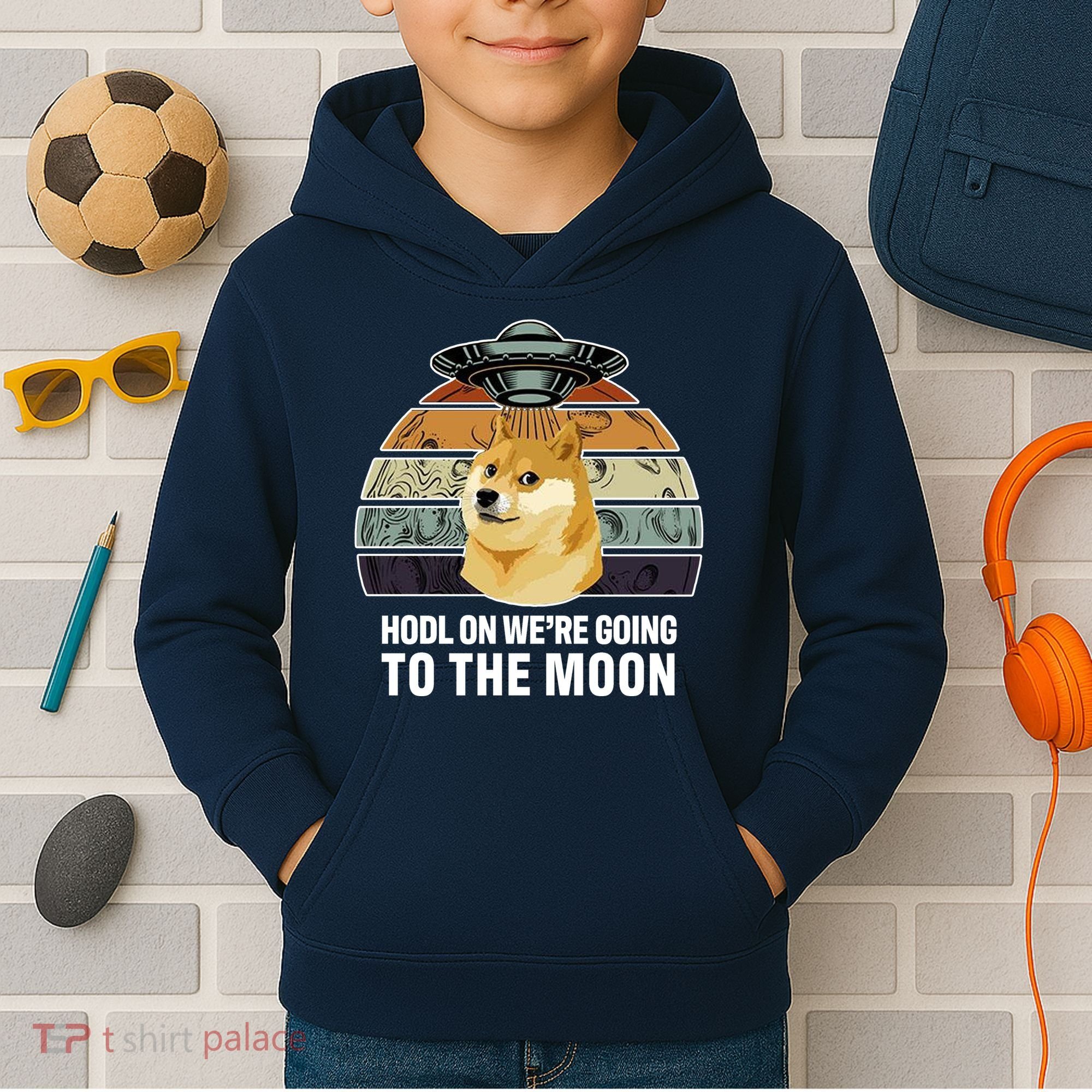 Hodl On We're Going To The Moon Retro Dogecoin Kids Hoodie