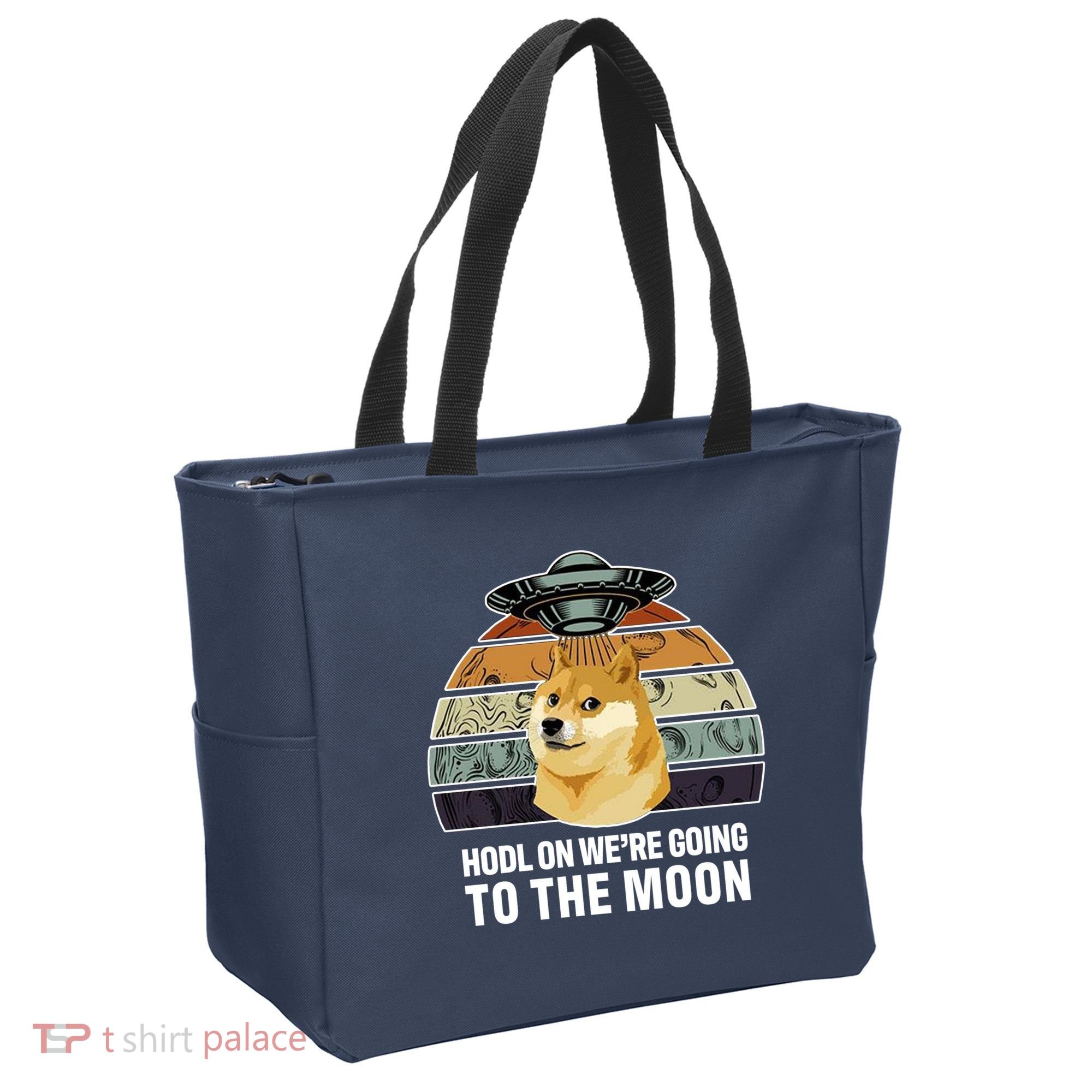 Hodl On We're Going To The Moon Retro Dogecoin Tote Bag