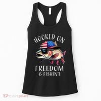 Hooked On Freedom Funny Fisherman Fishing Usa Flag Trout Women's Tank Top thumb 0