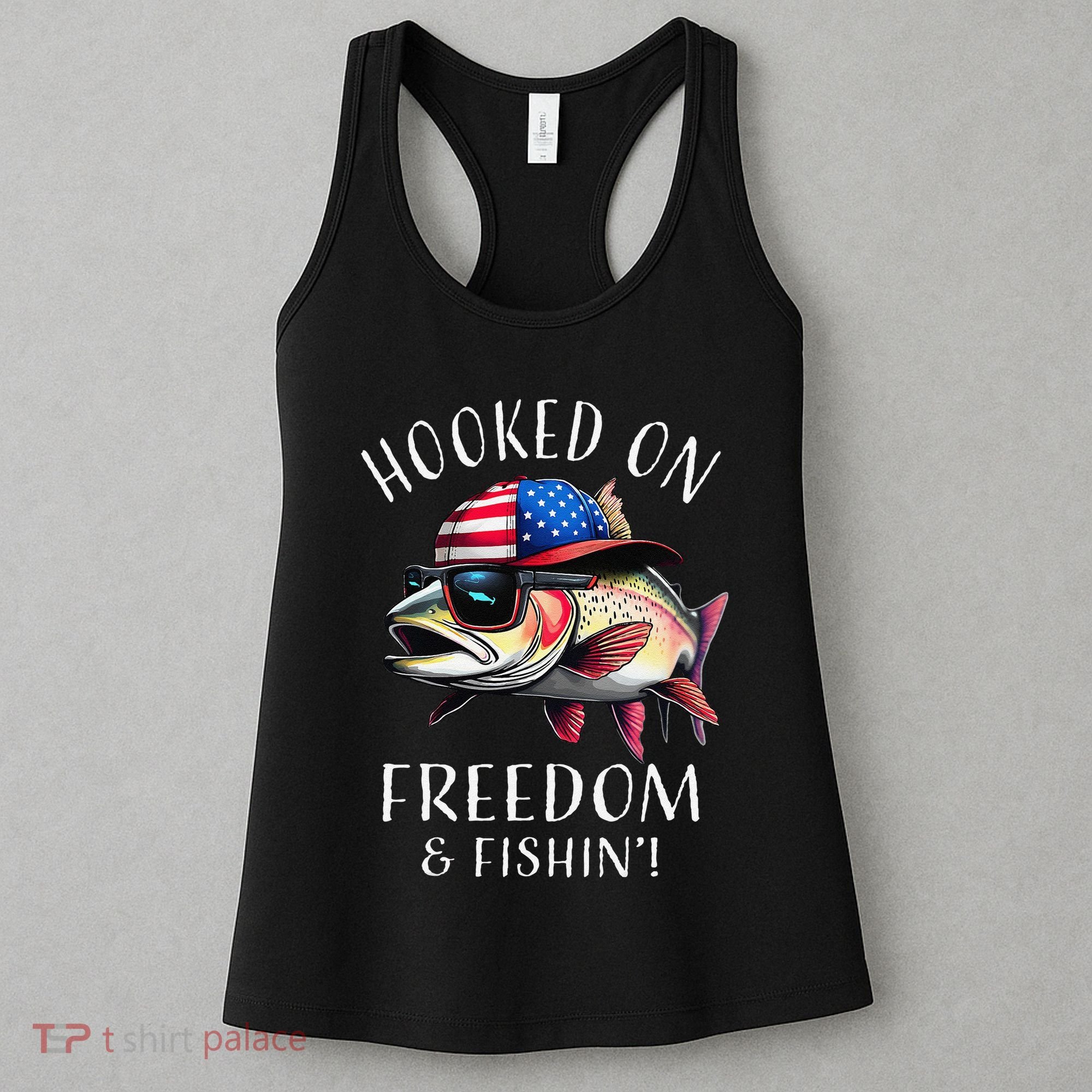 Hooked On Freedom Funny Fisherman Fishing Usa Flag Trout Women's Tank Top