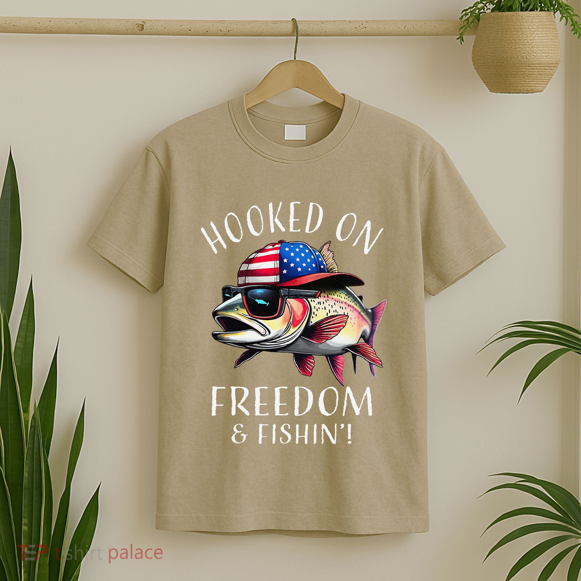 Hooked On Freedom Funny Fisherman Fishing Usa Flag Trout T-Shirt