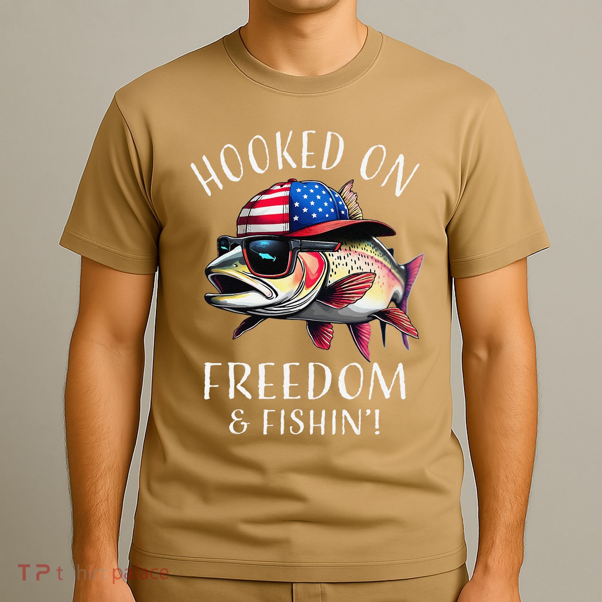 Hooked On Freedom Funny Fisherman Fishing Usa Flag Trout T-Shirt