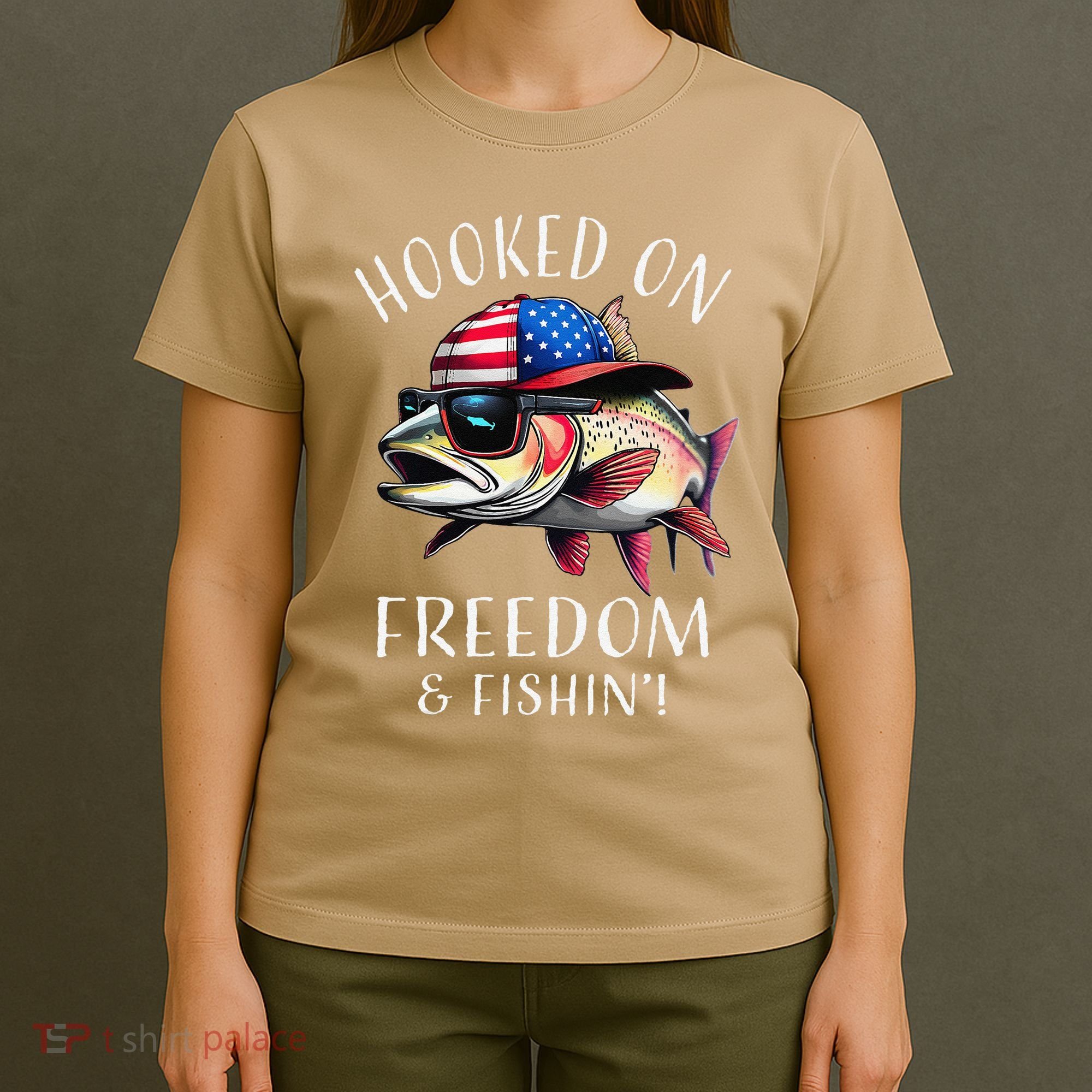 Hooked On Freedom Funny Fisherman Fishing Usa Flag Trout T-Shirt