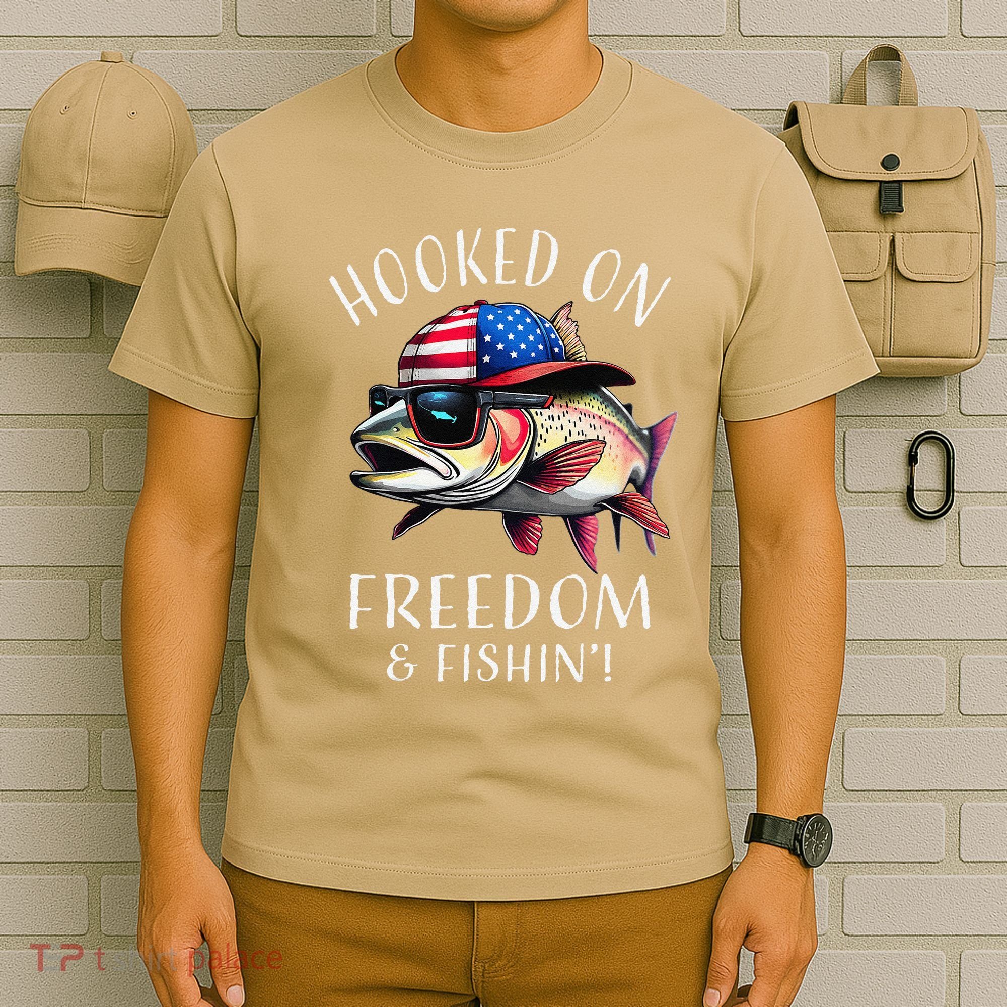 Hooked On Freedom Funny Fisherman Fishing Usa Flag Trout T-Shirt