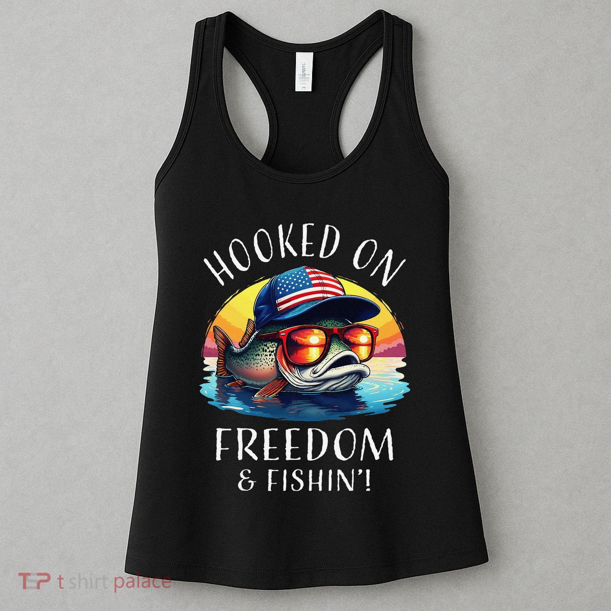 Hooked On Freedom Funny Fisherman Fishing Trout Usa Flag Women's Tank Top