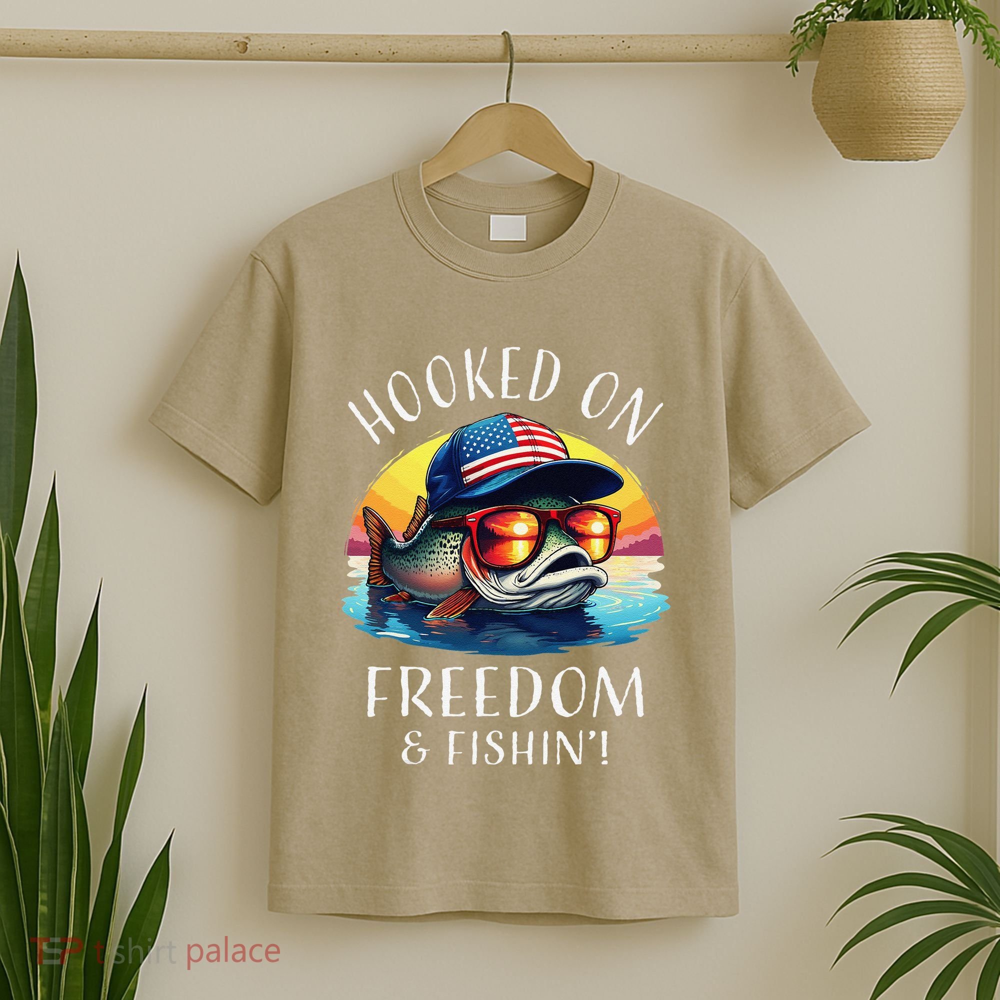 Hooked On Freedom Funny Fisherman Fishing Trout Usa Flag T-Shirt