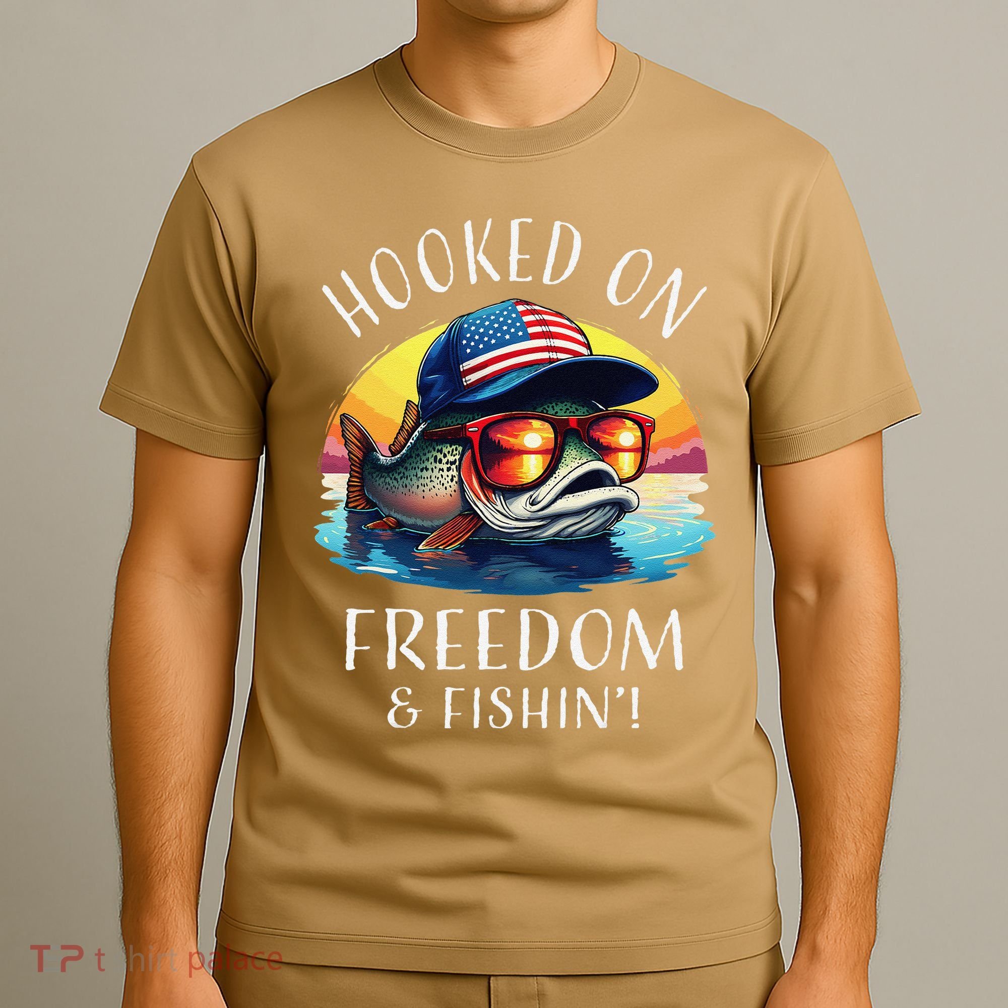 Hooked On Freedom Funny Fisherman Fishing Trout Usa Flag T-Shirt