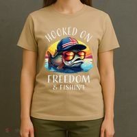 Hooked On Freedom Funny Fisherman Fishing Trout Usa Flag T-Shirt thumb 4
