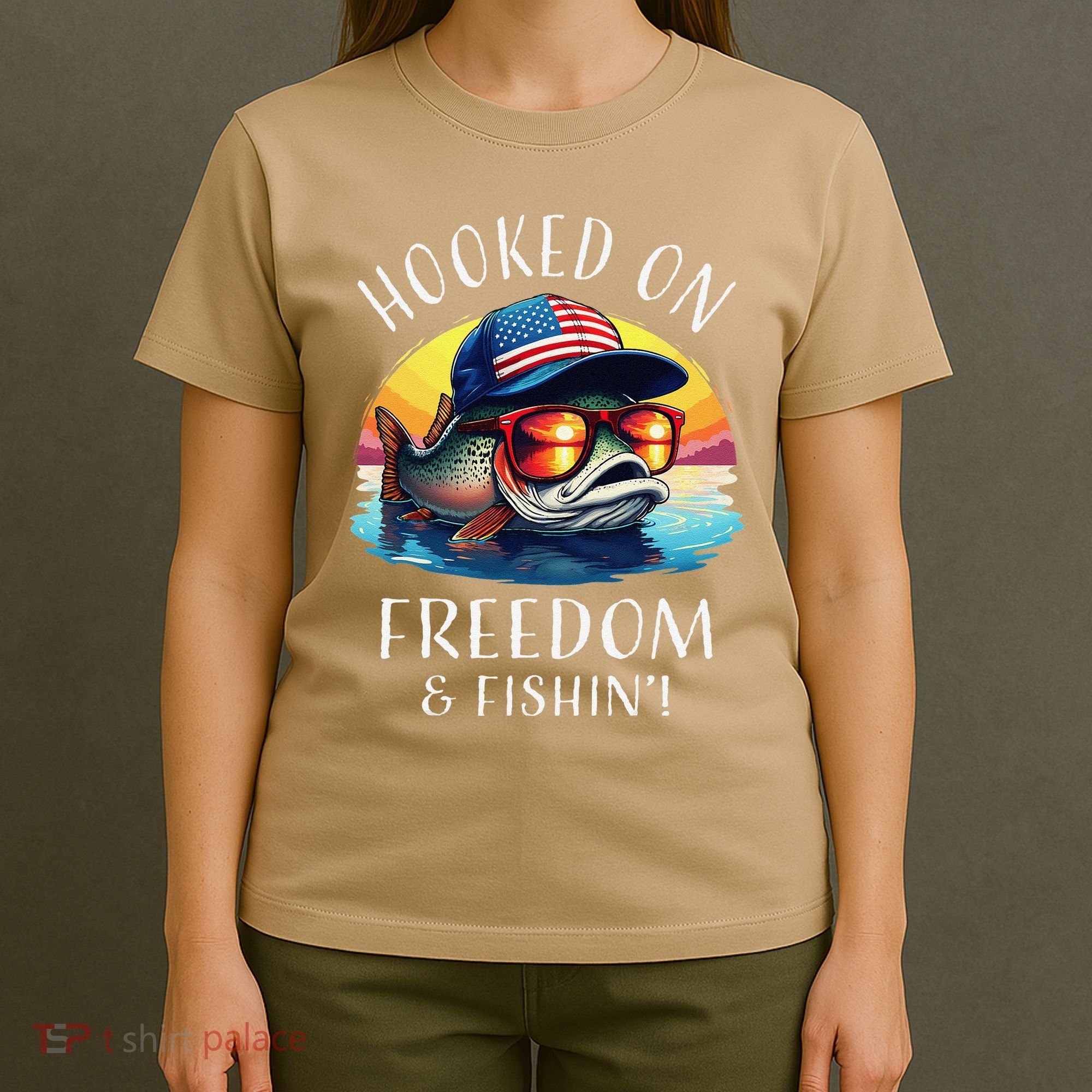 Hooked On Freedom Funny Fisherman Fishing Trout Usa Flag T-Shirt