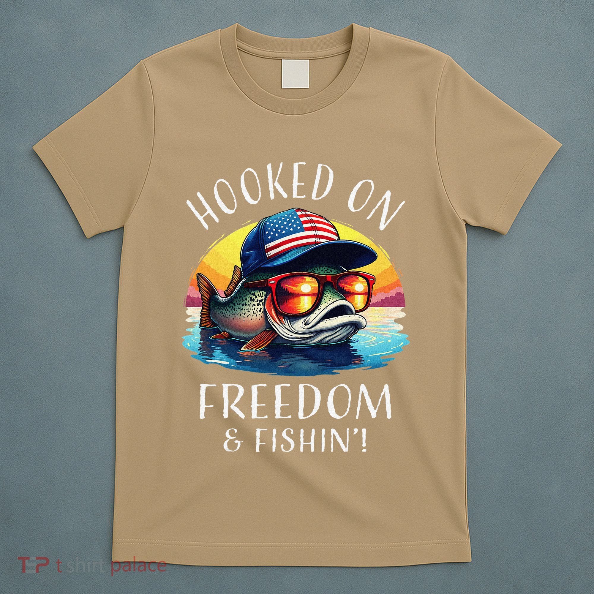 Hooked On Freedom Funny Fisherman Fishing Trout Usa Flag T-Shirt